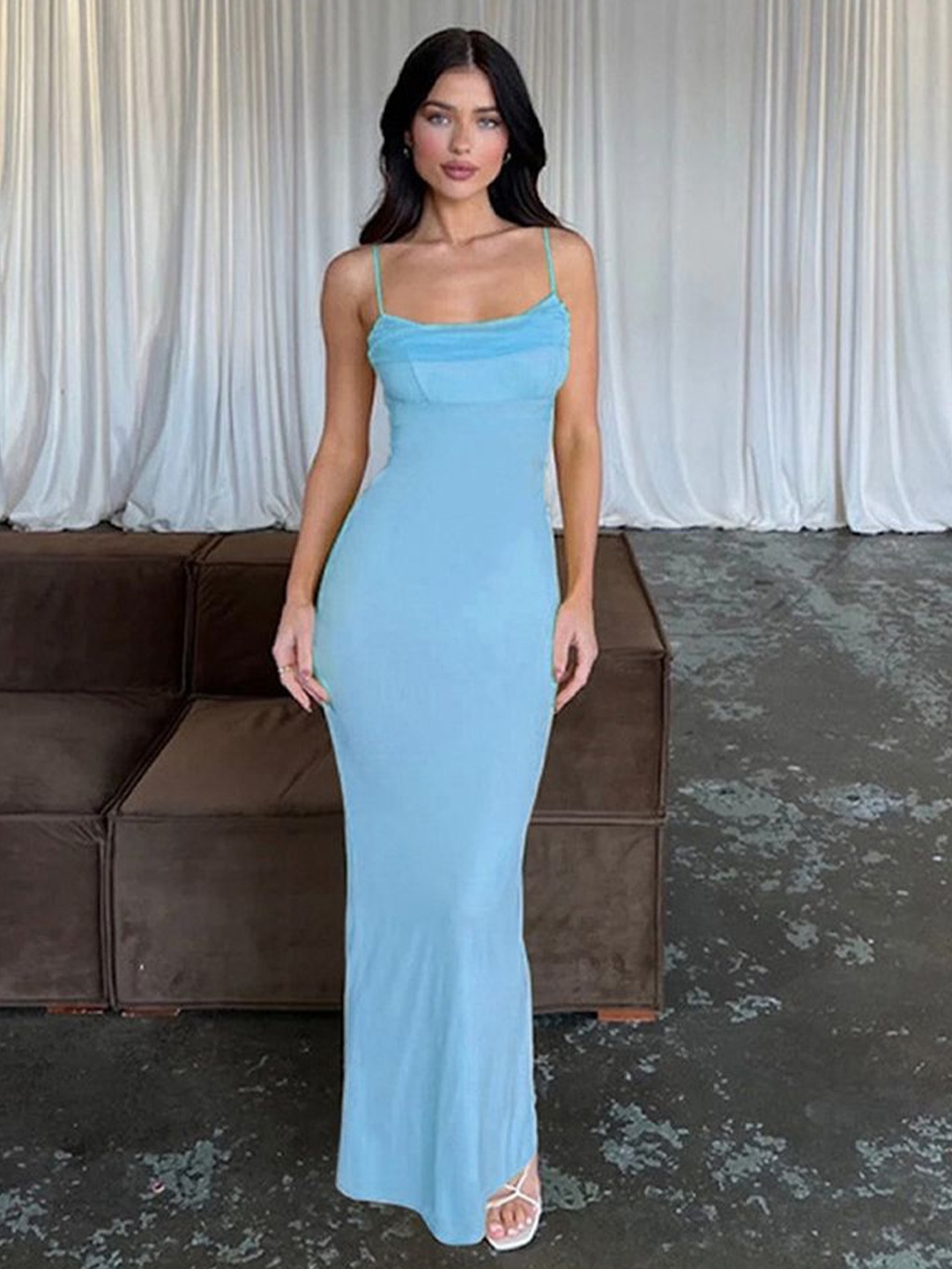 

LULU & SKY Women Shoulder Straps Sheath Maxi Dress, Blue