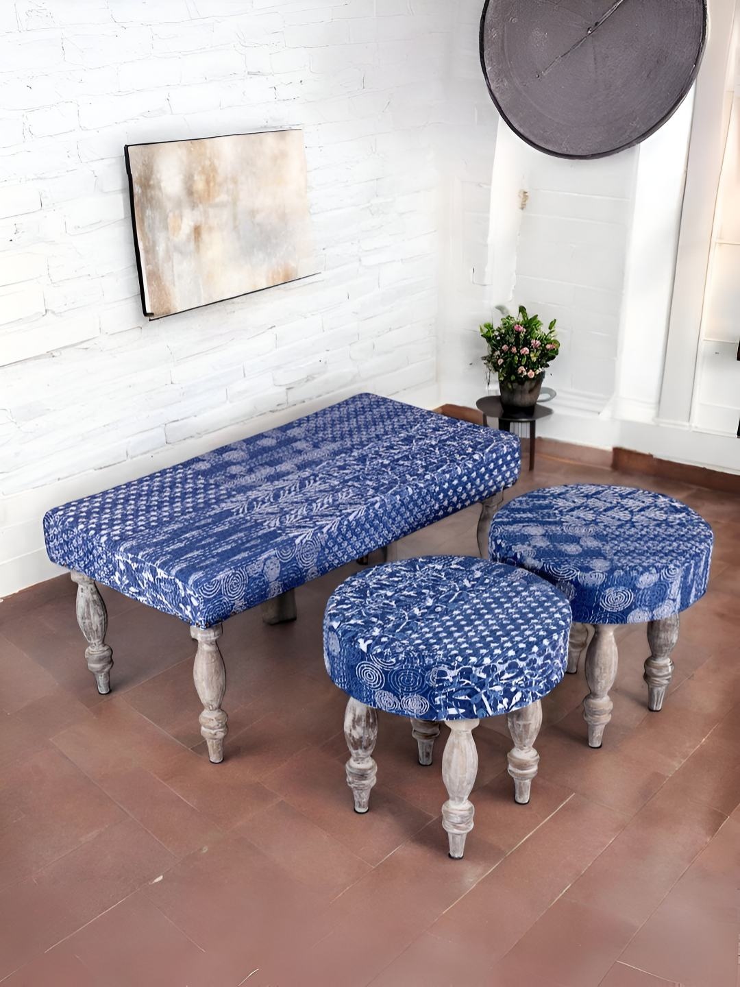 

Ikiriya Blue & White Wooden Printed 2 Seater Bench & Stools