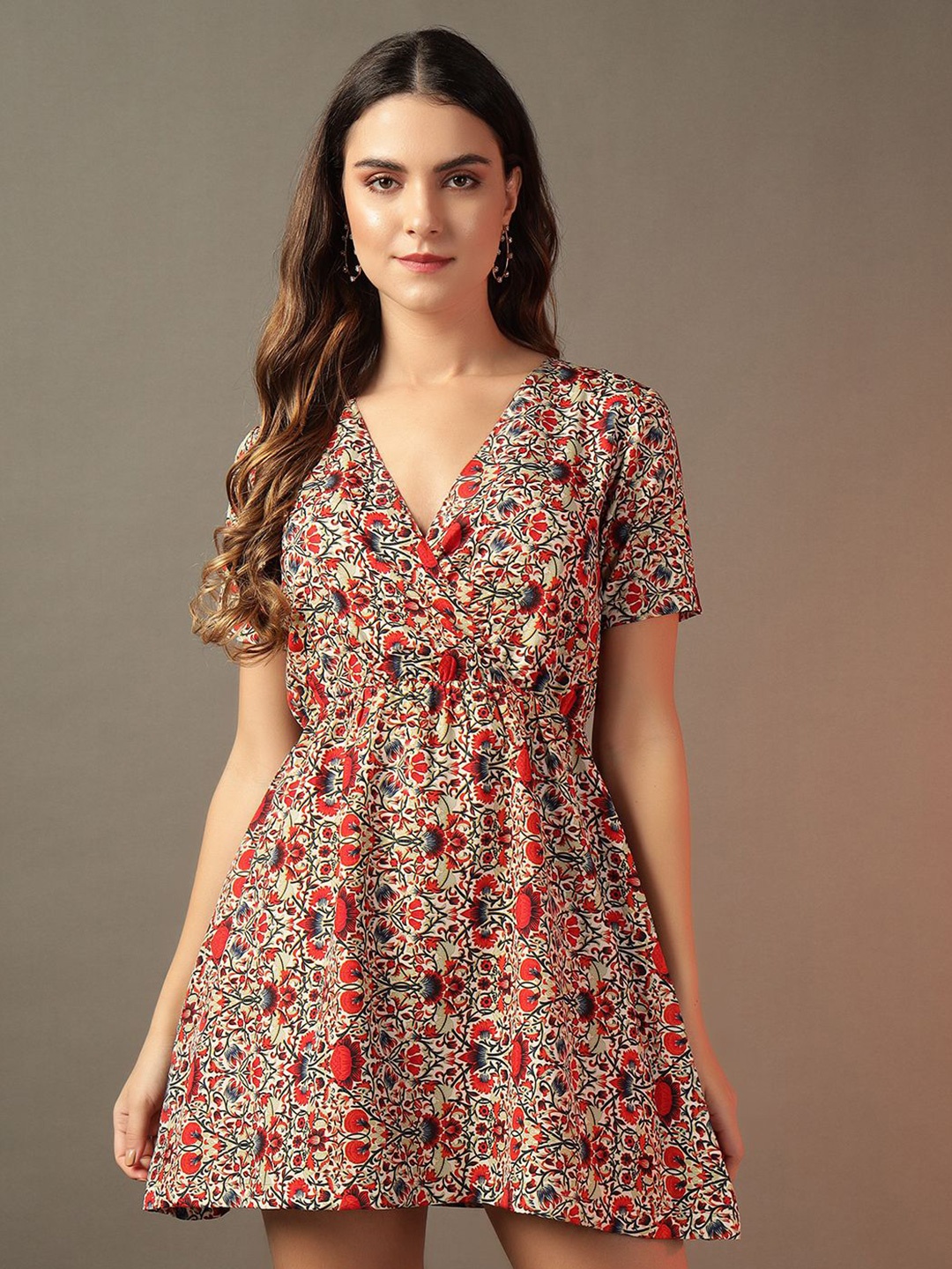 

BAESD Floral Print Puff Sleeve Crepe Mini Dress, Red