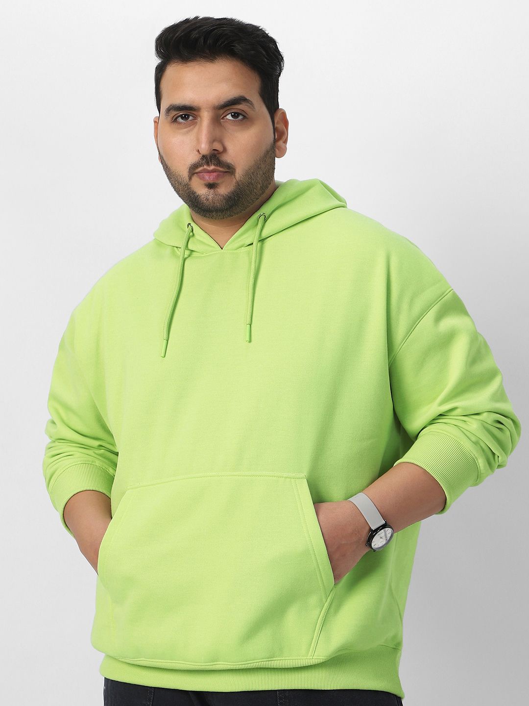 

Urbano Plus Men Plus Size Cotton Solid Oversized Hooded Neck Pullover Sweatshirt, Green