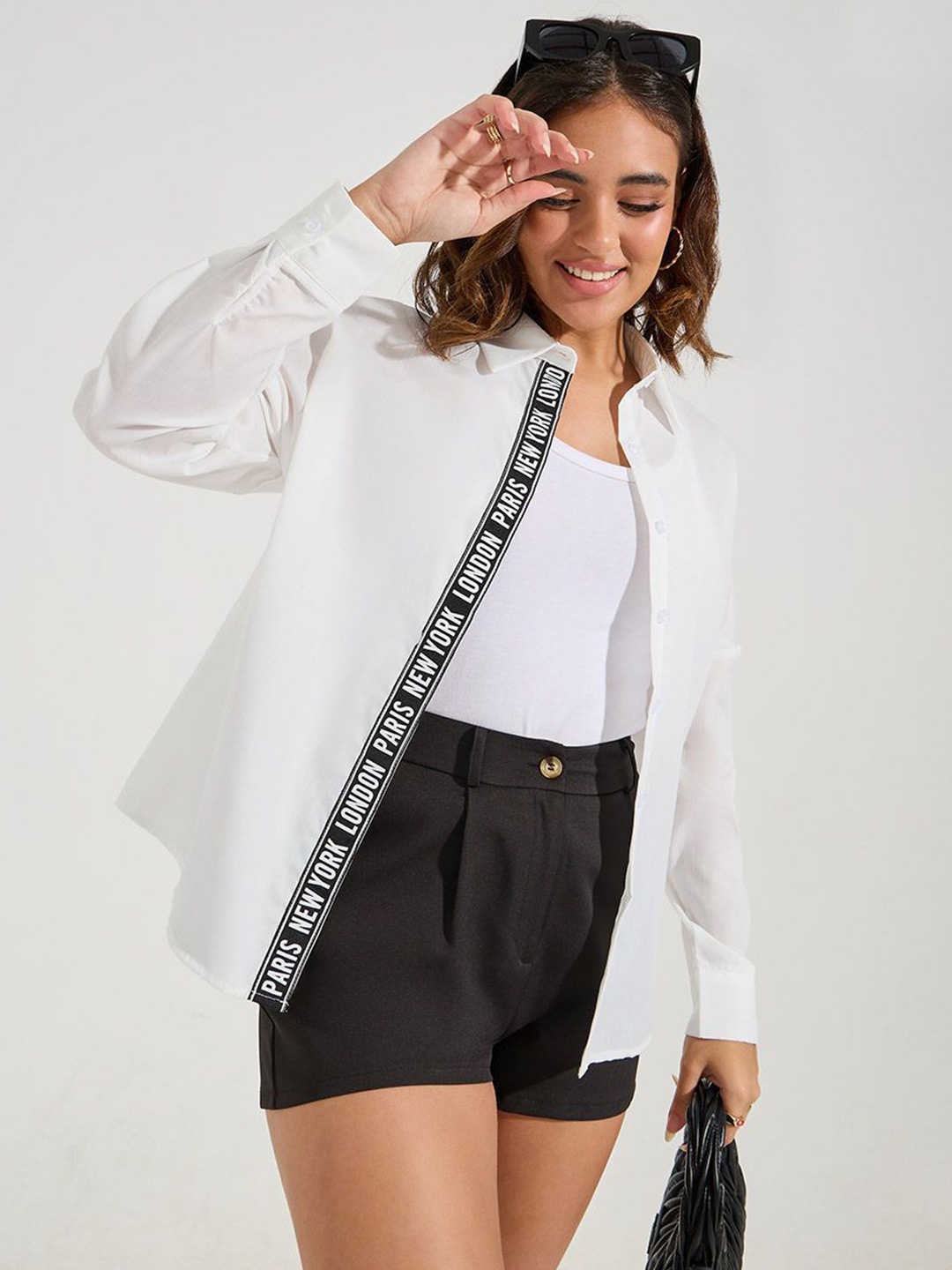 

Styli Women Oversized Fit Longline Printed Taping Placket Shirt, Off white
