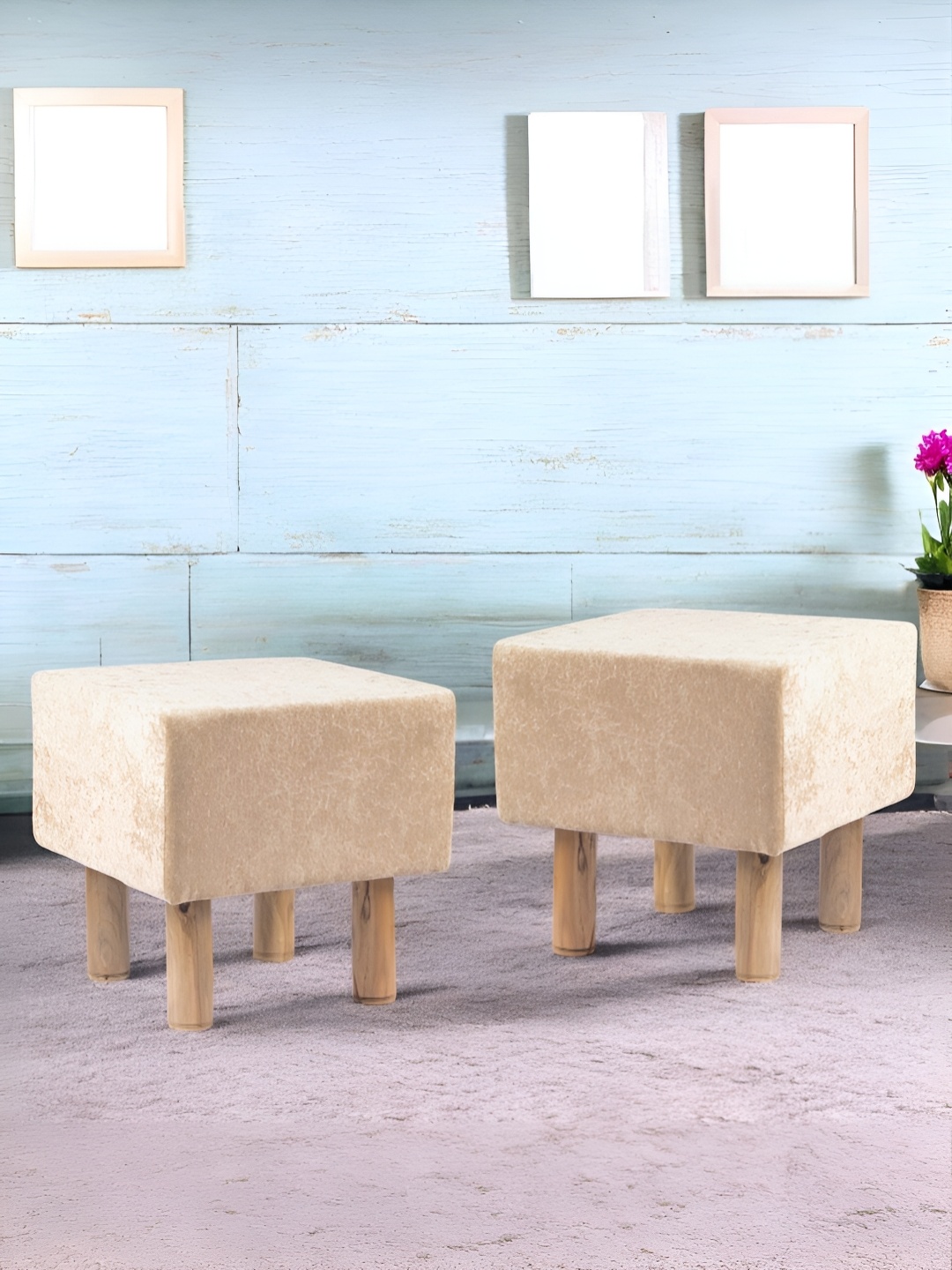 

Ikiriya 2-Pcs Beige Sparkling Wooden Square Ottomans