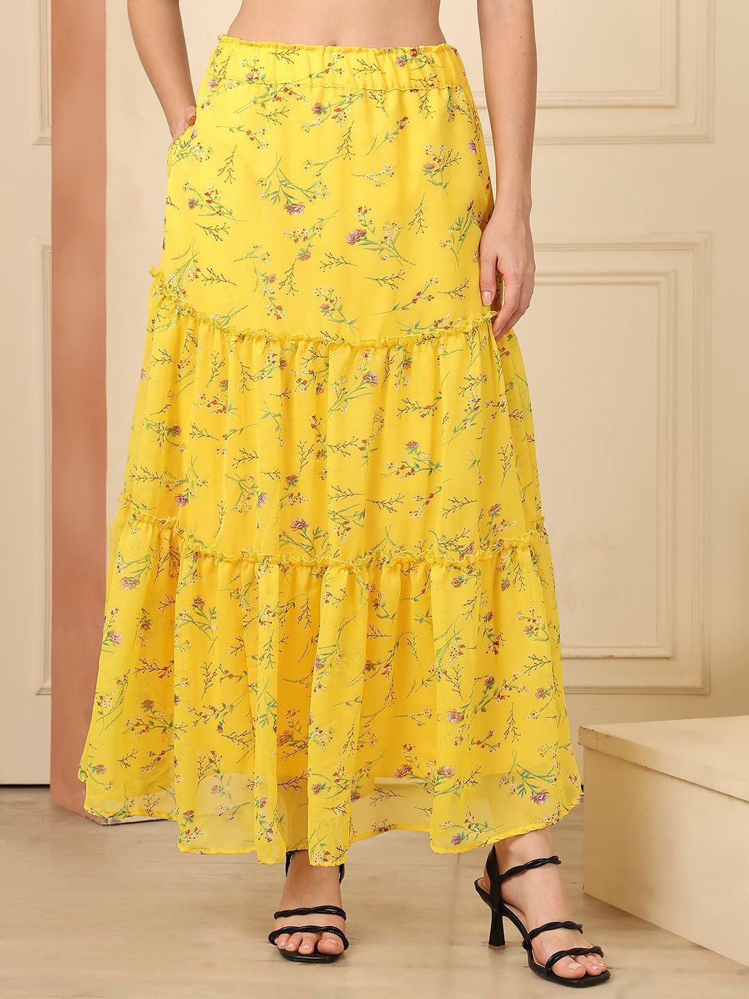 

NEUDIS Printed Georgette Tiered Maxi Skirt, Yellow