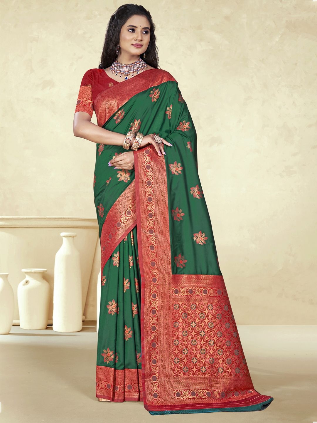 

SANGAM PRINTS Woven Design Zari Silk Blend Designer Tussar Saree, Green