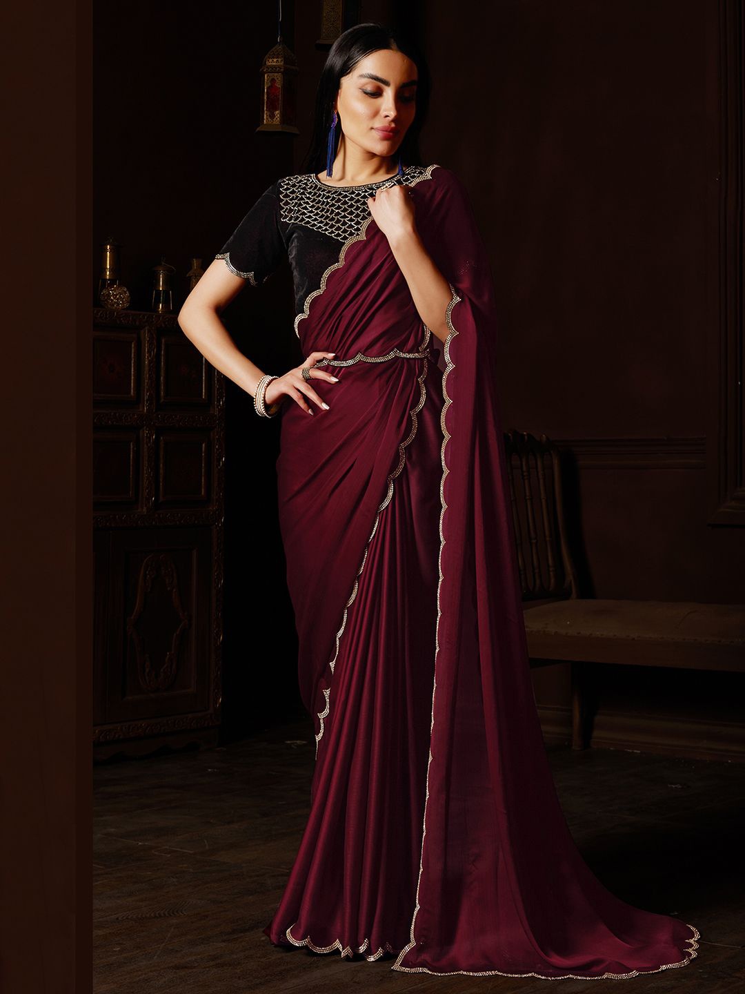 

Saree mall Poly Chiffon Sarees, Maroon