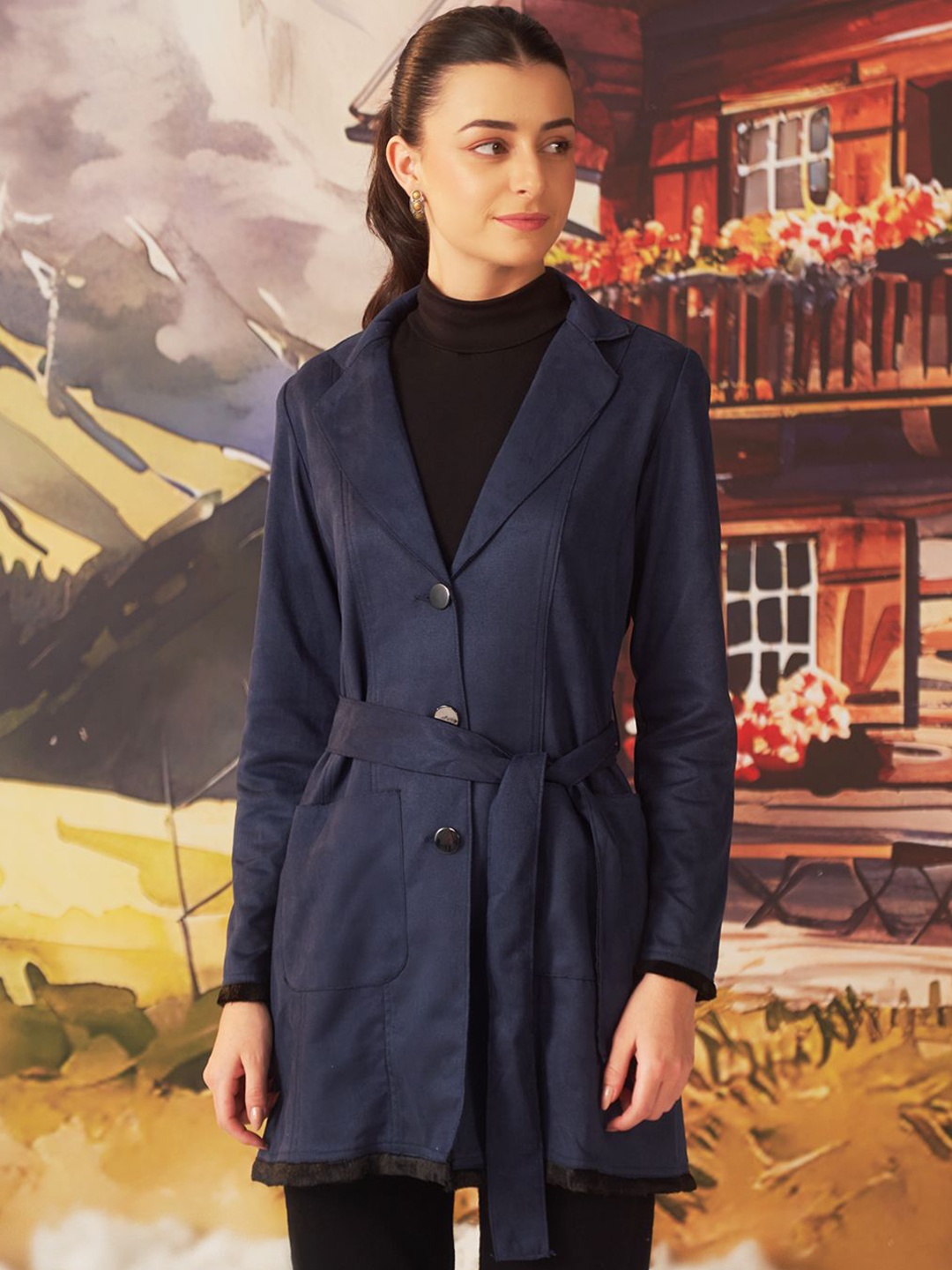 

Lakshita Women Single-Breasted Overcoat, Navy blue