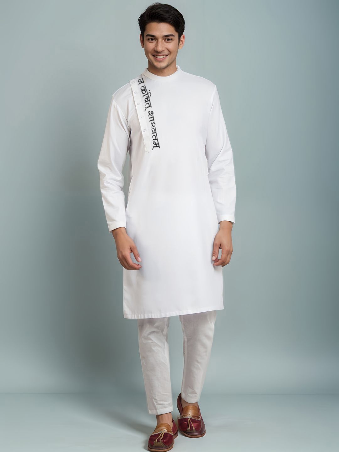 

DEVOILER Men Ethnic Motifs Printed Thread Work Kurta, White