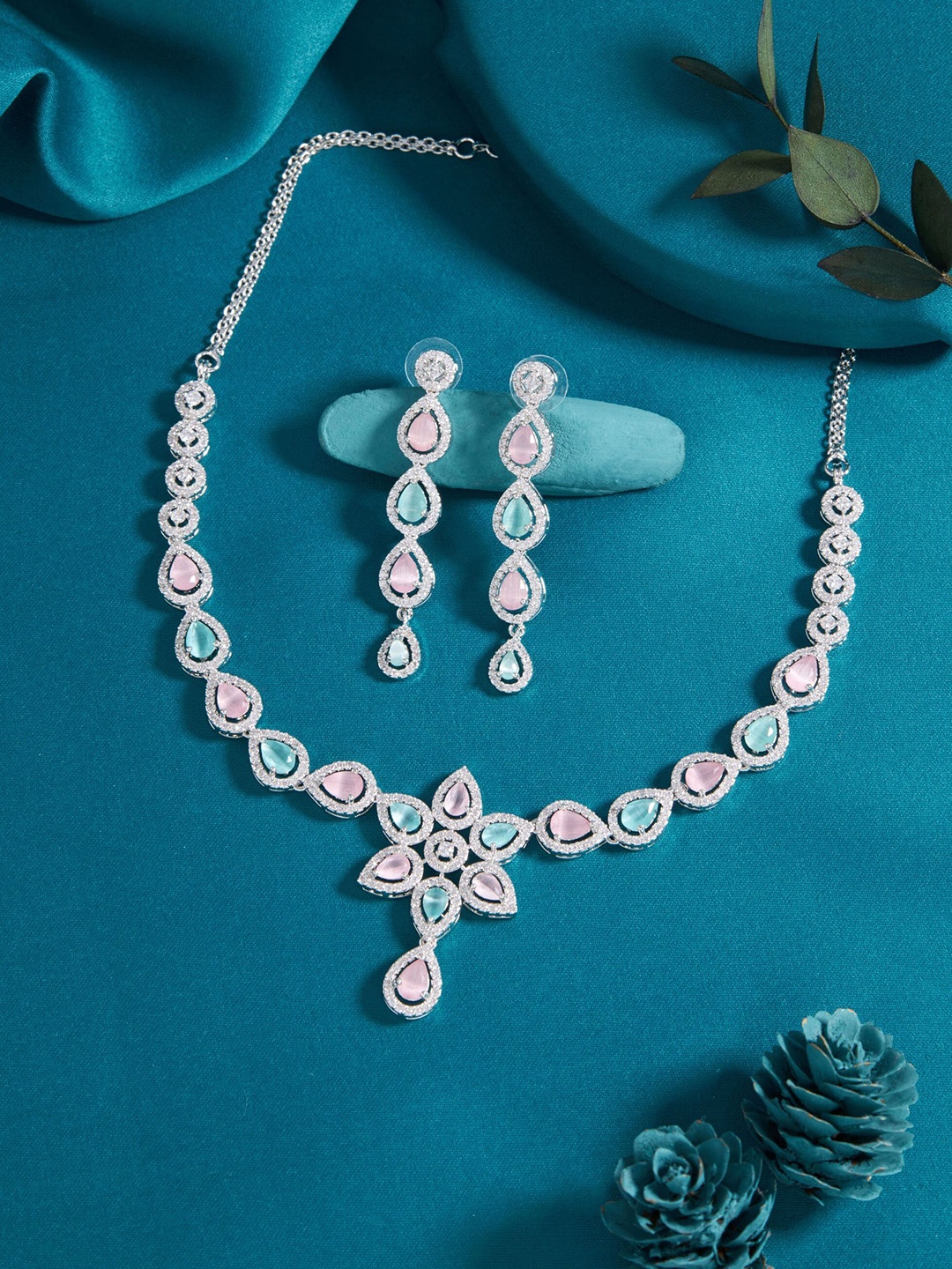 

Boghra Sales Silver-Plated American Diamond Stone-Studded Necklace and Earrings