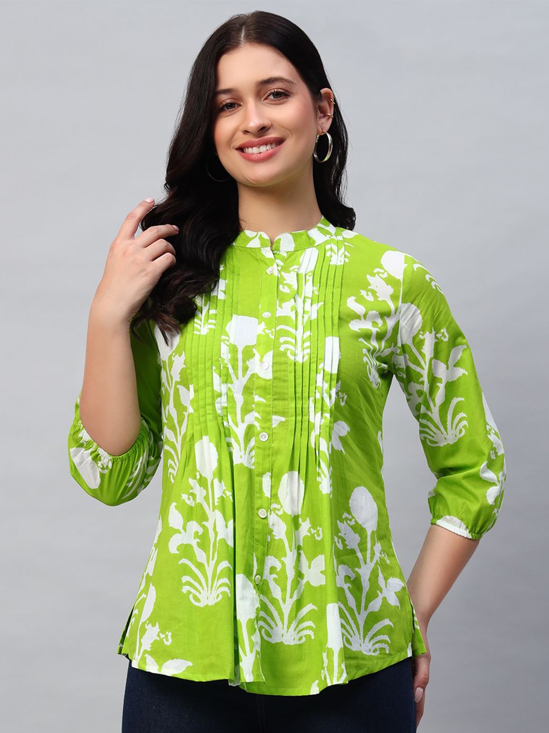 

PIDAVLIYA'S Floral Print Mandarin Collar Roll-Up Sleeves Cotton Shirt Style Top, Green