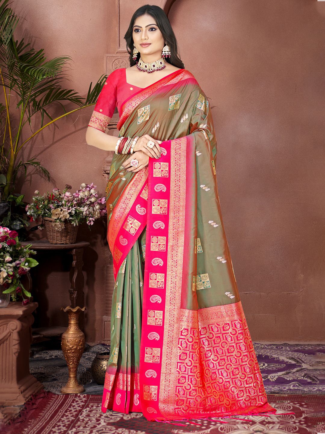 

SANGAM PRINTS Woven Design Zari Silk Blend Tussar Saree, Olive