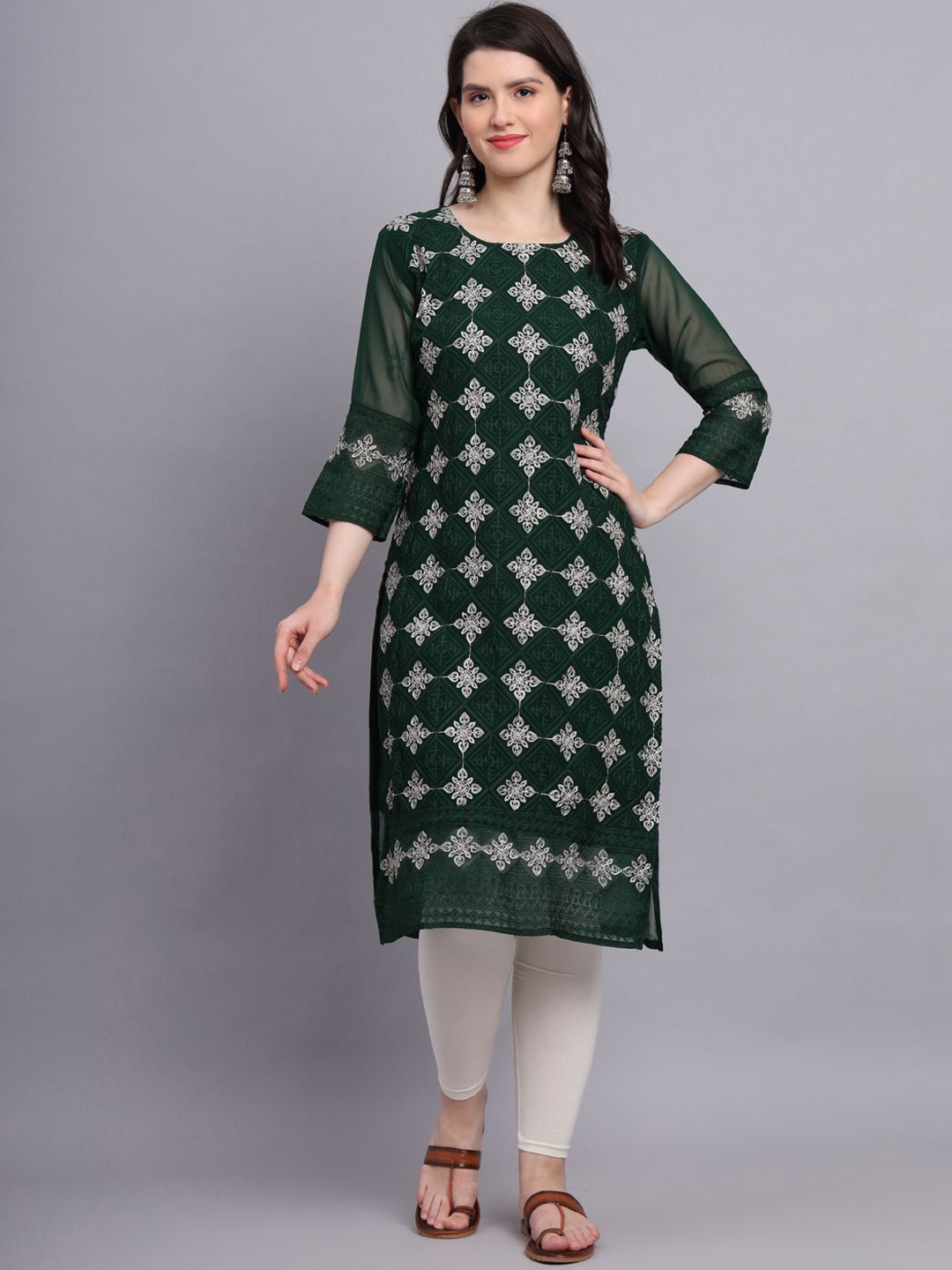 

HERE&NOW Women Floral Embroidered Thread Work Georgette Kurta, Green