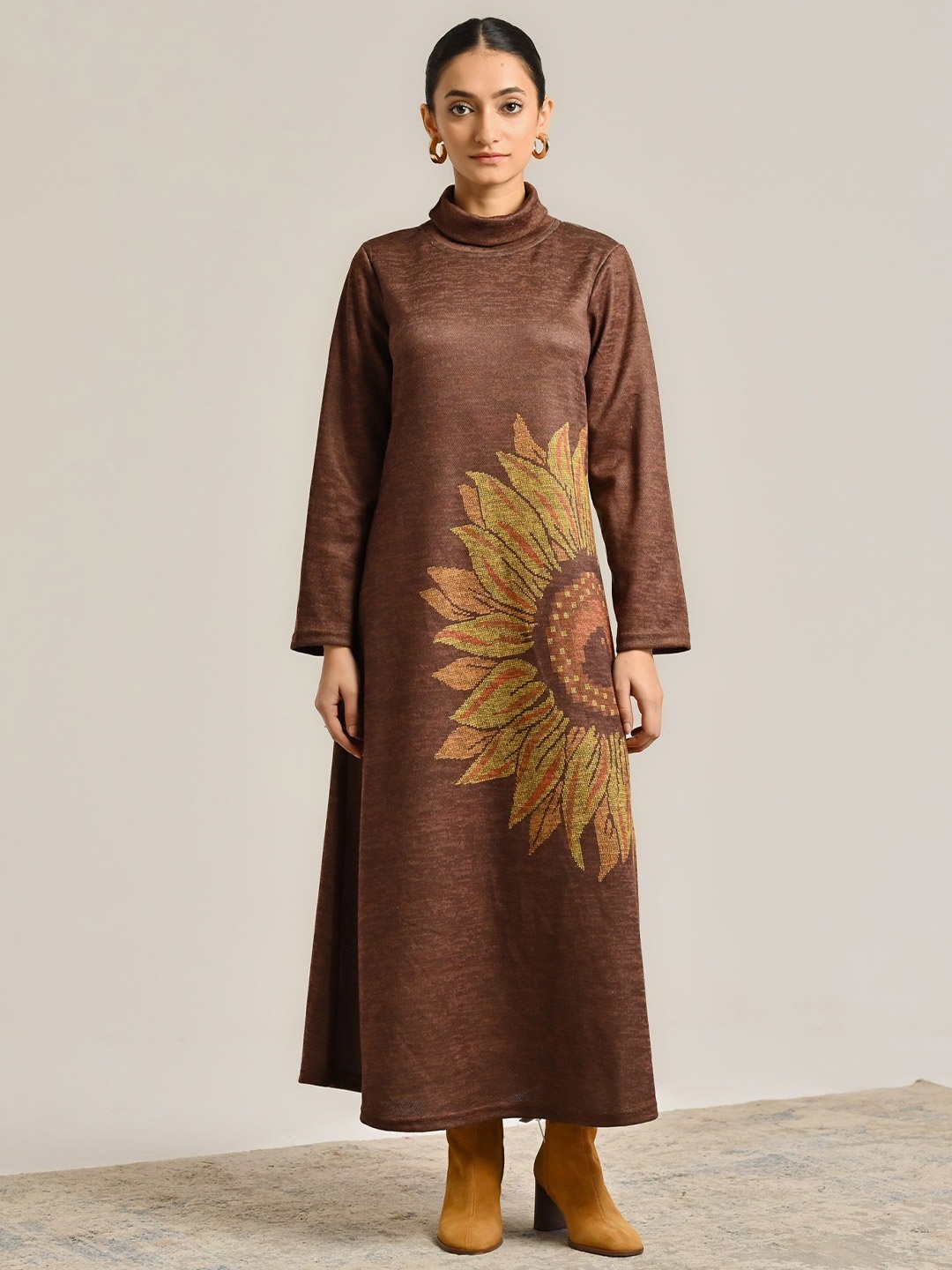 

Rustorange Ethnic Motifs Print Cowl Neck Woollen A-Line Maxi Dress, Brown