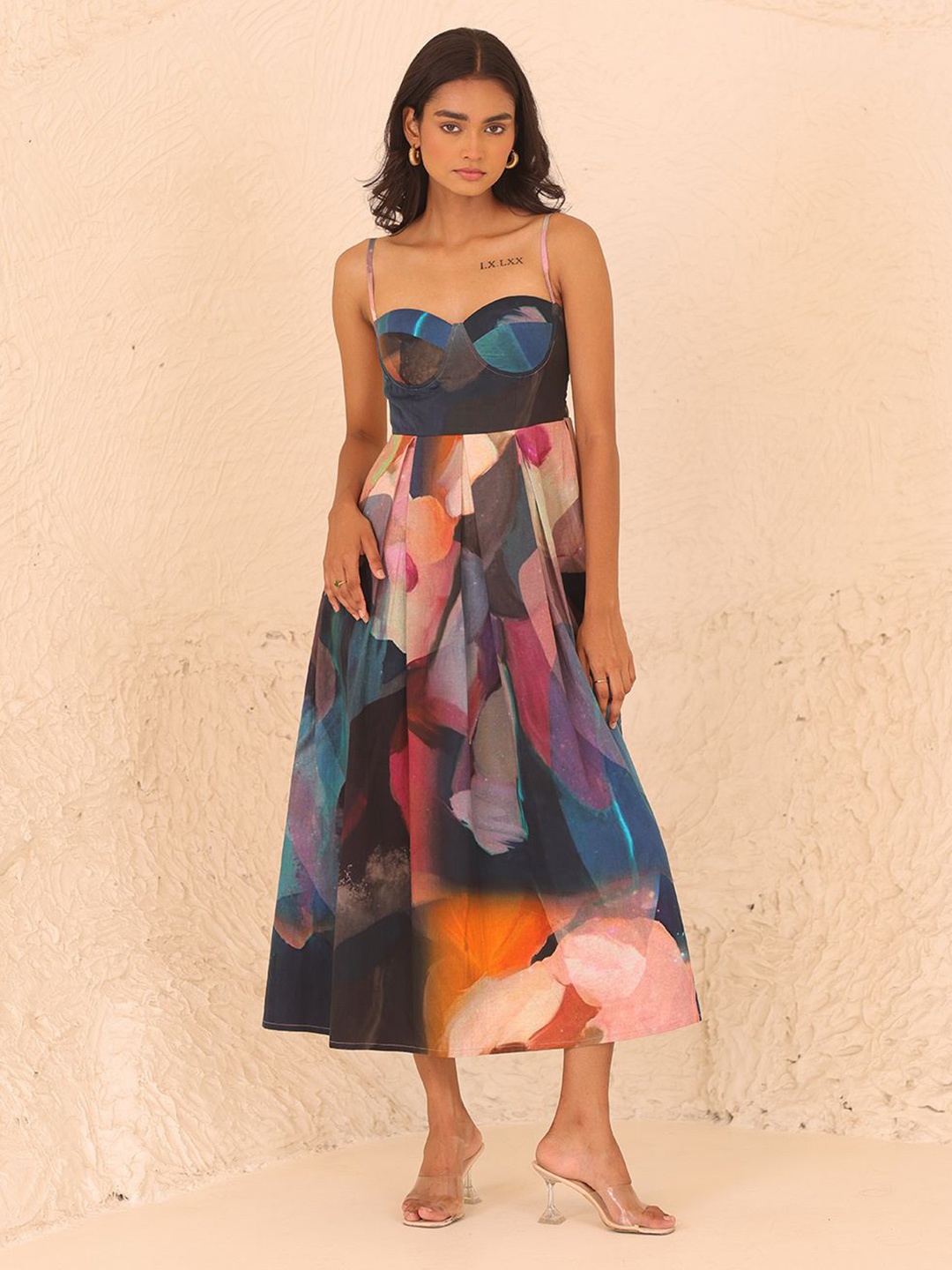

THR3Letter Print Fit & Flare Midi Dress, Blue