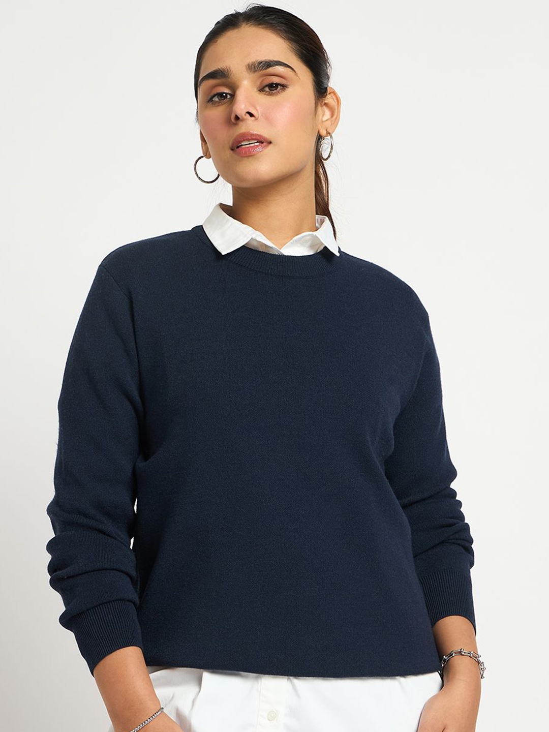 

FEMMELLA Women Round Neck Long Sleeves Pullover Sweaters, Navy blue