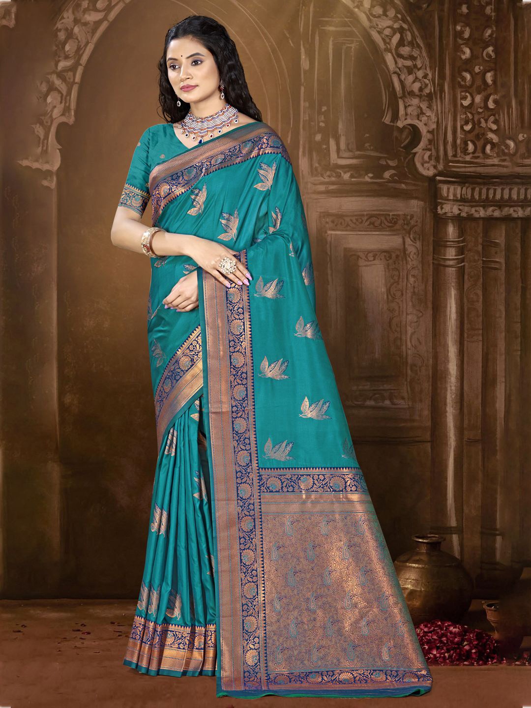 

SANGAM PRINTS Woven Design Zari Silk Blend Tussar Saree, Blue