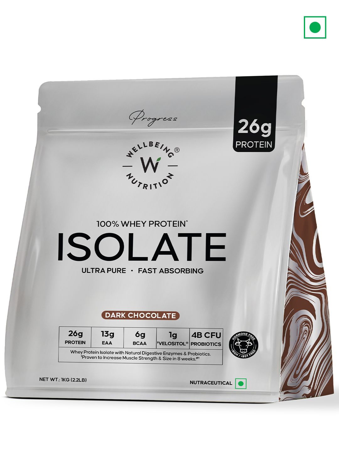 

Wellbeing Nutrition 100% 26g Protein, 13g EAA Isolate Whey Protein - Dark Chocolate - 1kg, Grey