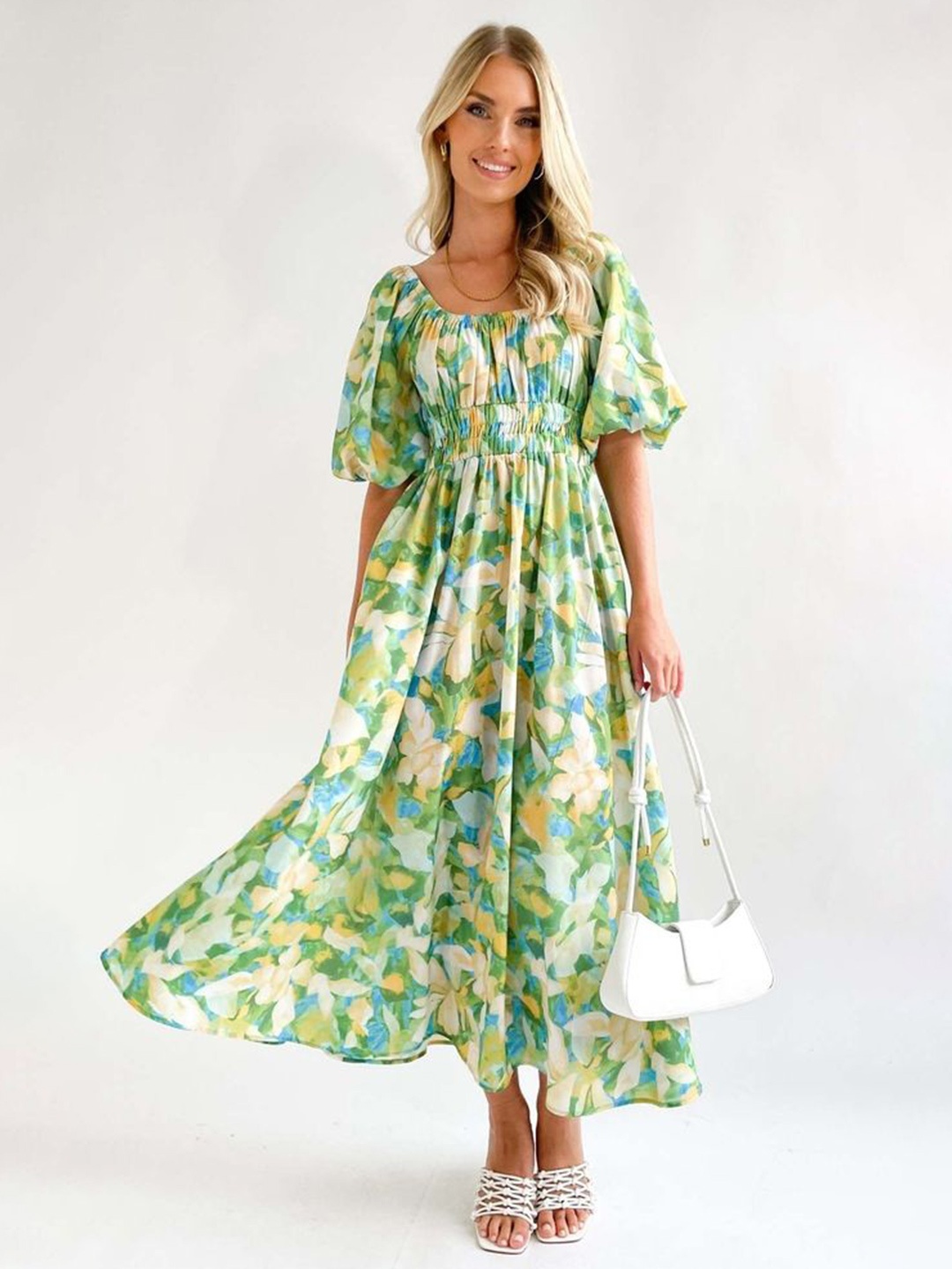 

LULU & SKY Women Floral Printed Puff Sleeve Maxi Dress, Green