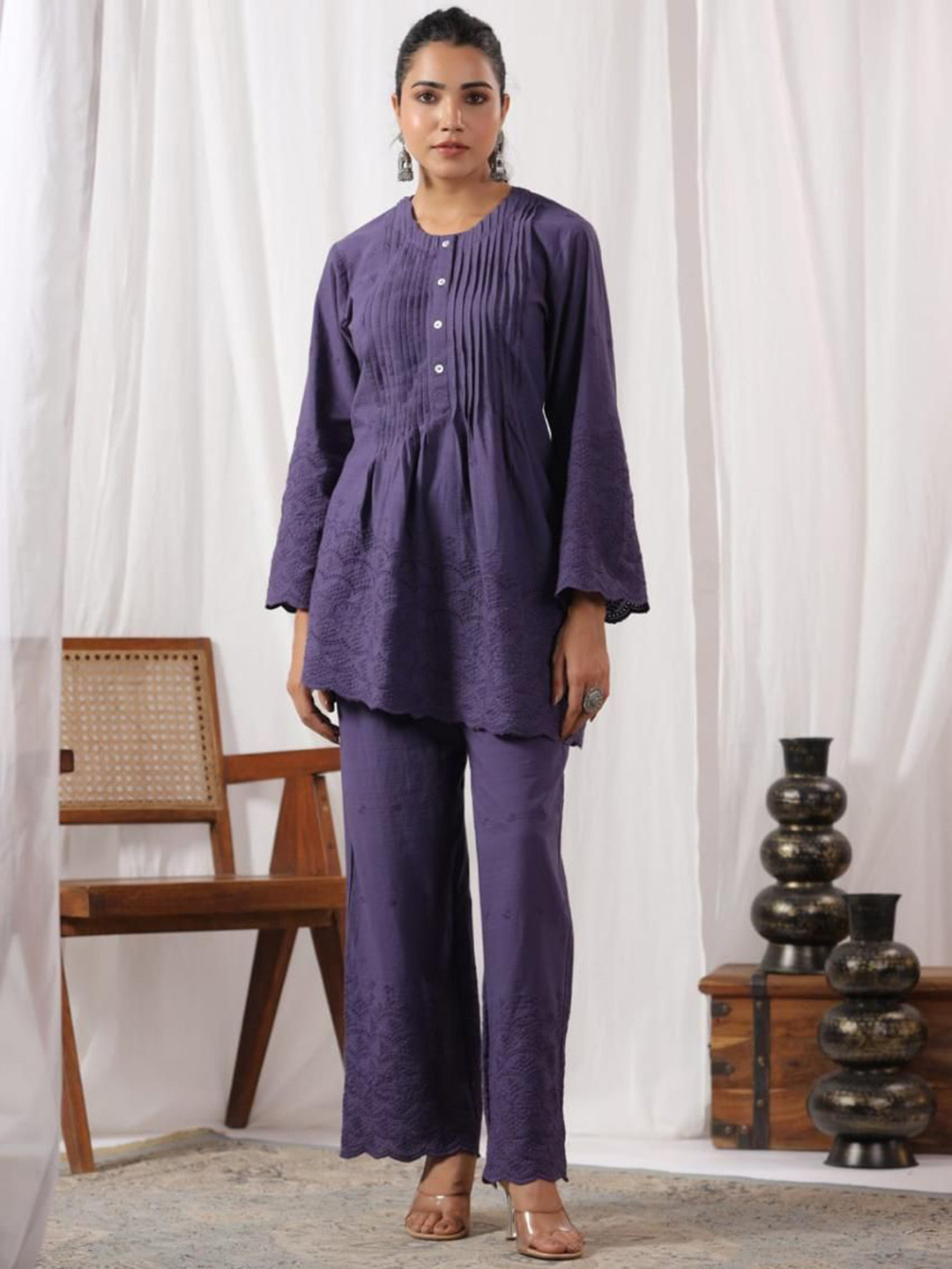 

KALINI Women Pleated Thread Work Pure Cotton Kurta with Palazzos, Navy blue