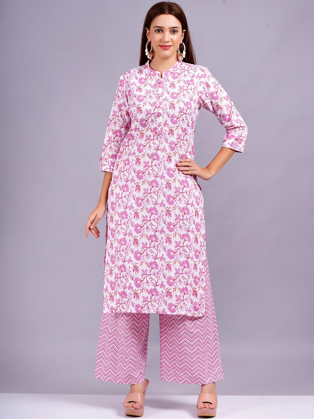 

HIGHLIGHT FASHION EXPORT Women Floral Printed Regular Pure Cotton Kurta with Palazzos, Pink