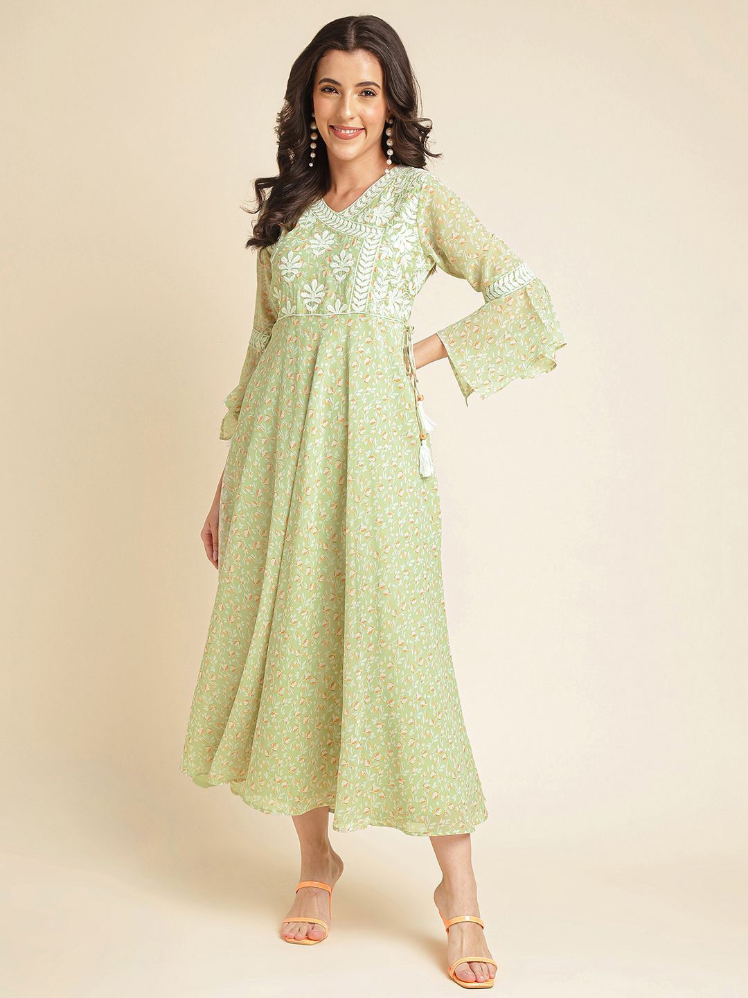 

all about you Embellished Embroidered Georgette Fit & Flare Maxi Dress, Green