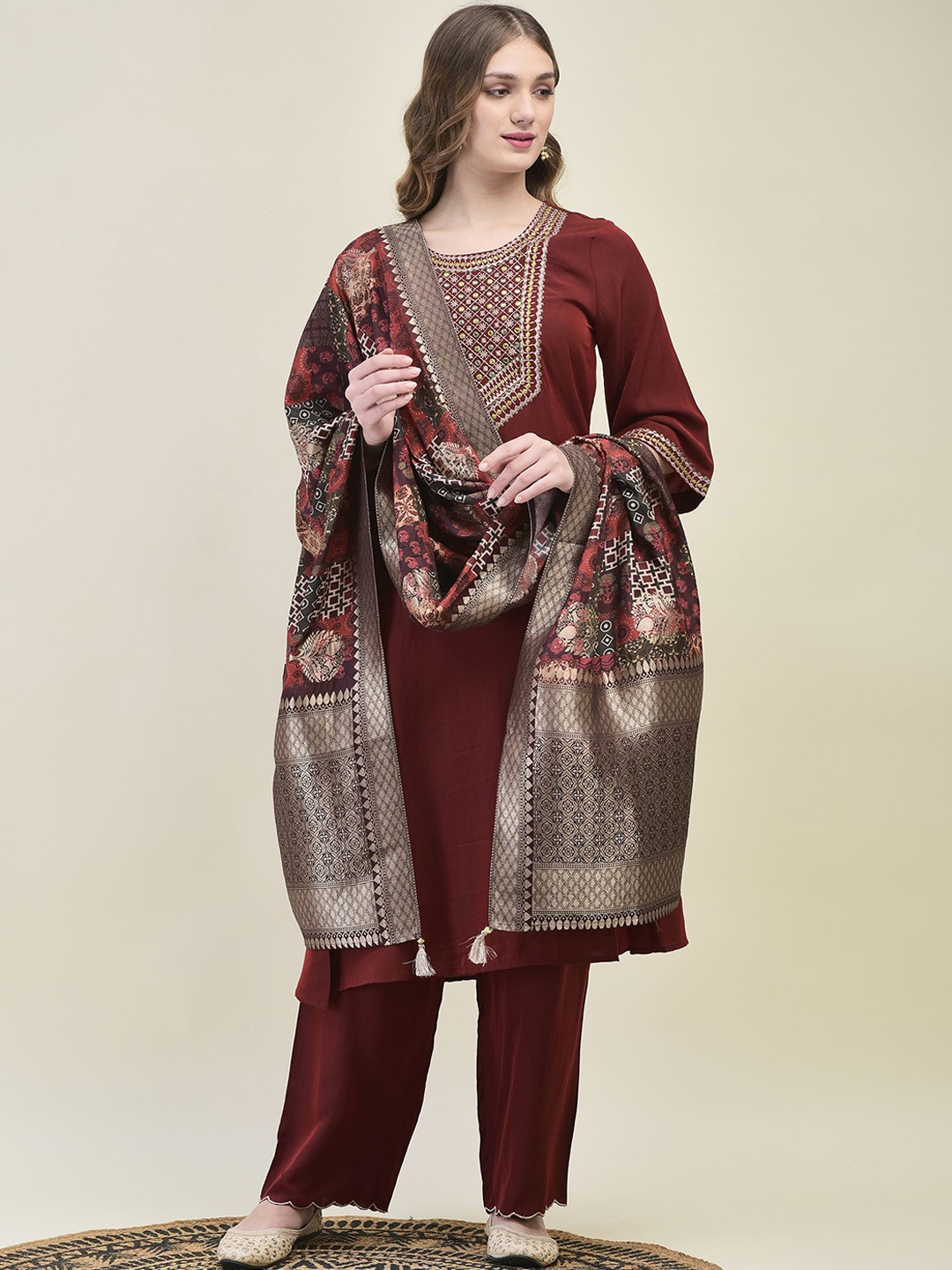 

Shree Women Embroidered Kurta with Trousers & With Dupatta, Maroon