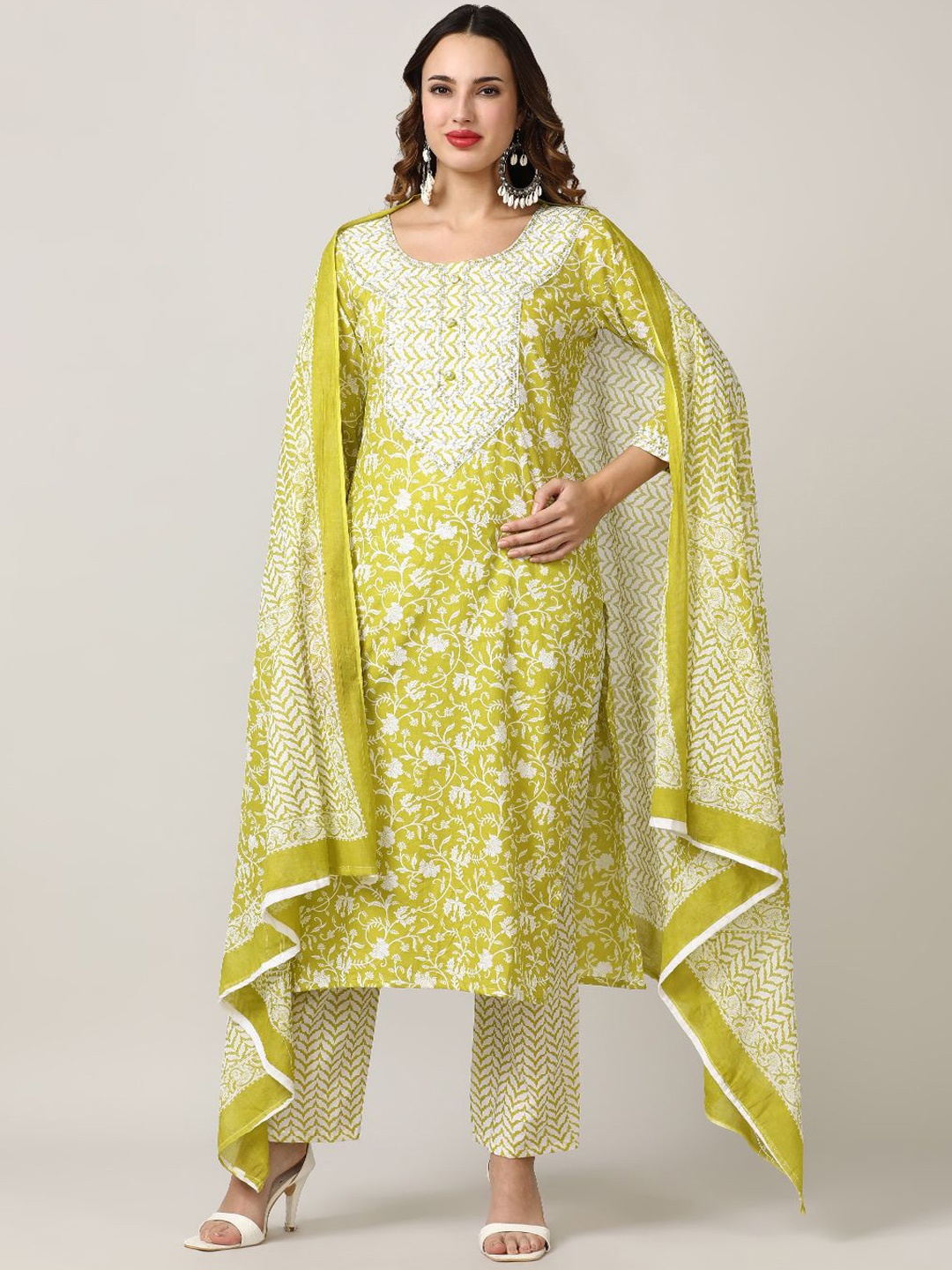 

Jaipur Kurti Women Floral Embroidered Regular Thread Work Pure Cotton Kurta with Trousers & With Dupatta, Lime green