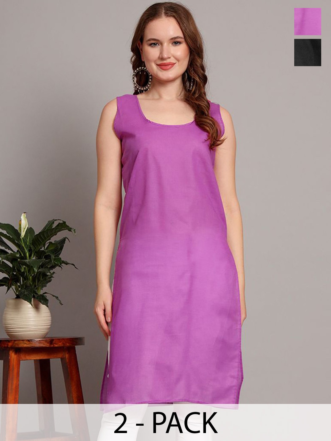 

The Chikan Label Pack Of 2 Cotton Sleeveless Long Slips, Purple