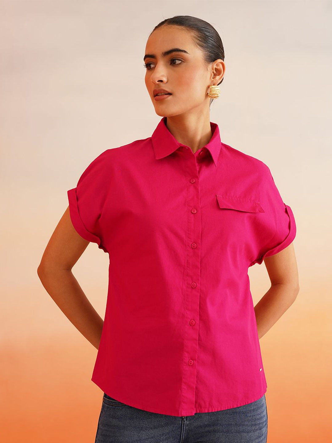 

Beatnik Women Classic Spread Collar Solid Cotton Casual Shirt, Pink