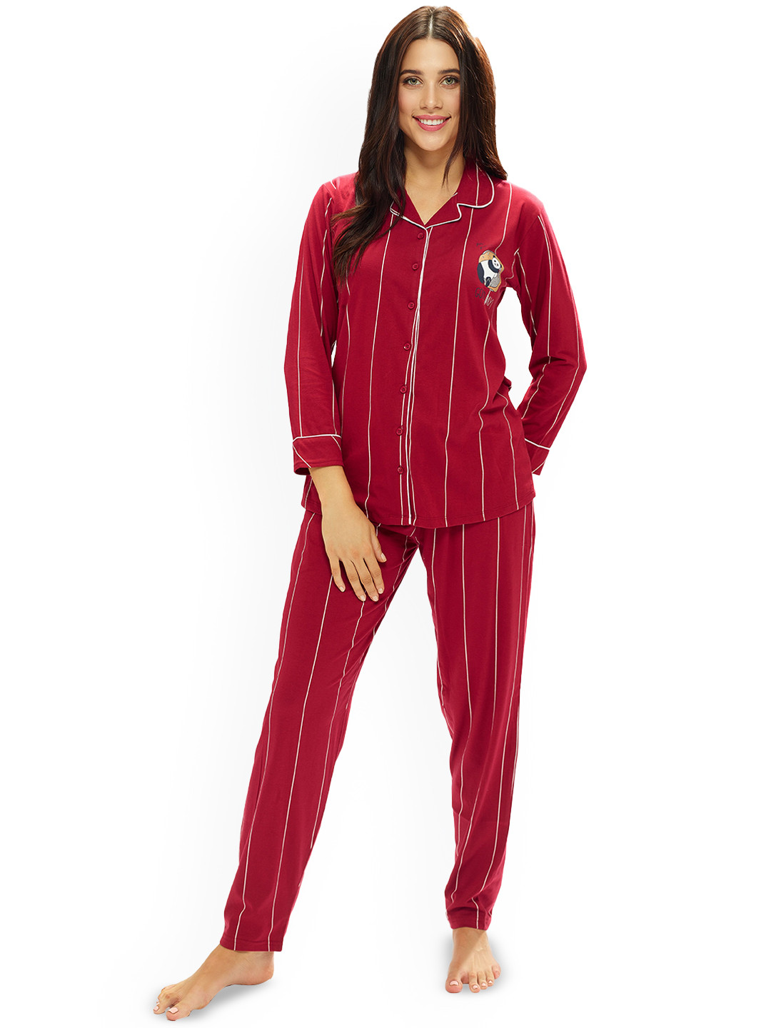 

Lotik Women Striped Lapel Collar Night suit, Red