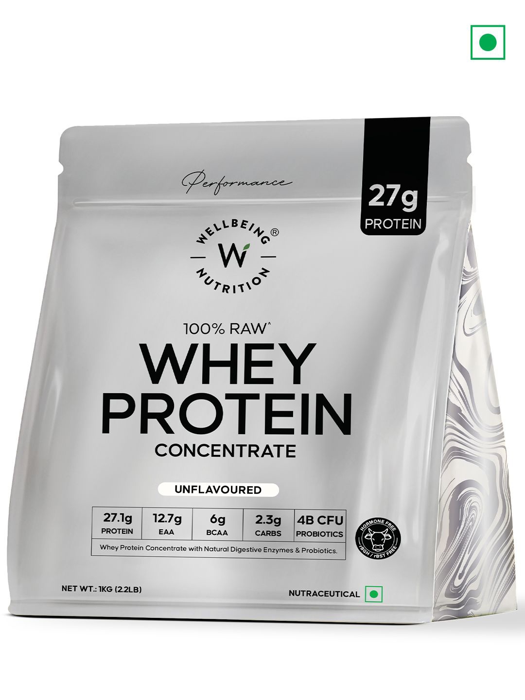 

Wellbeing Nutrition 27g, 12.7g EAA, 6g BCAA, Concentrate Whey Protein - Unflavored - 1 kg, Grey