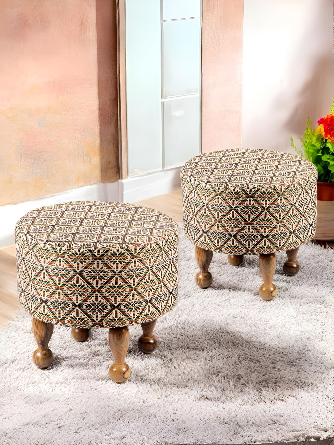 

Ikiriya 2-Pcs Beige & Brown Printed Cylindrical Ottoman