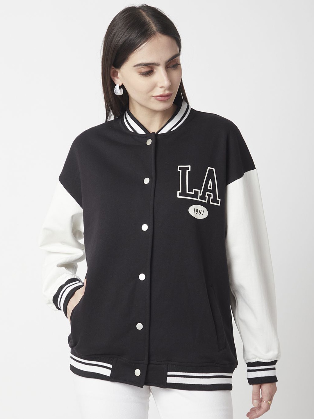 

R&B Women Bomber with Patchwork Jacket, Black