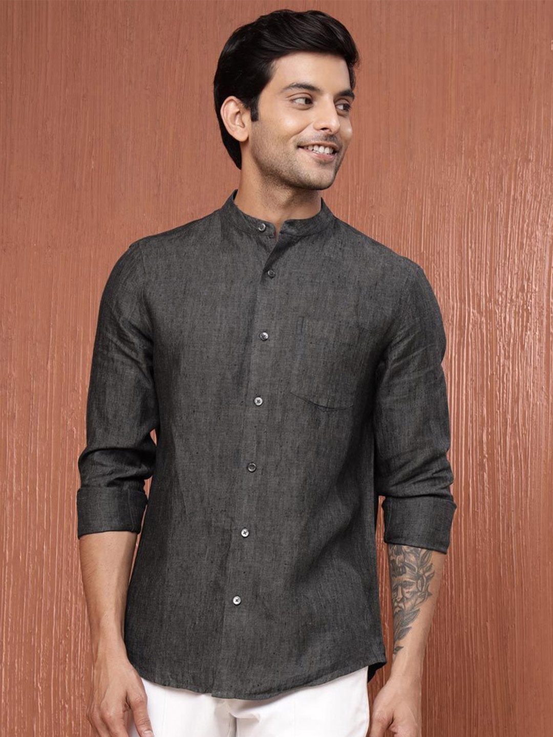 

Fabindia Men Slim Fit Opaque Casual Shirt, Charcoal