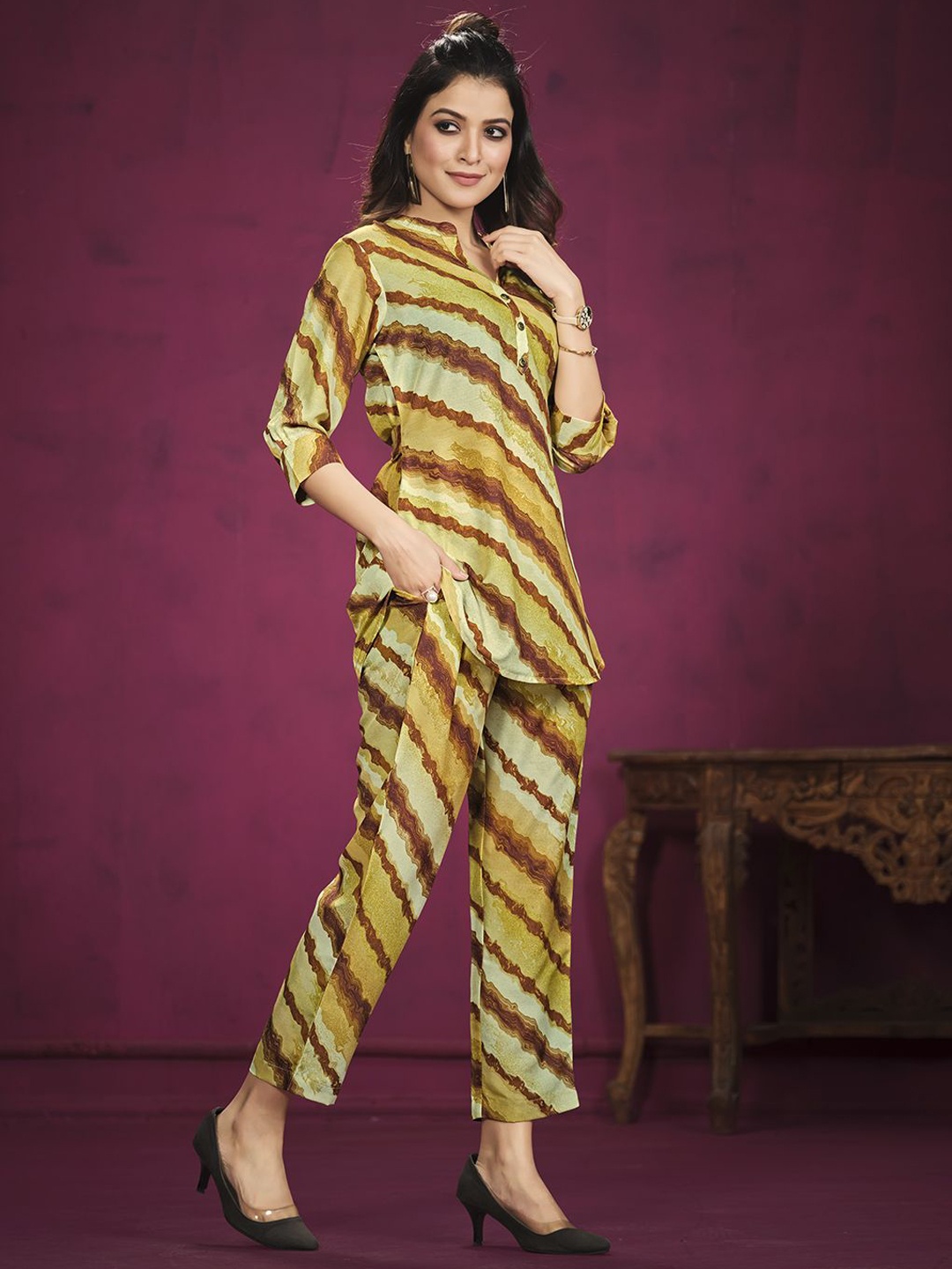 

all about you Mandarin Collar Printed Top With Trouser, Yellow