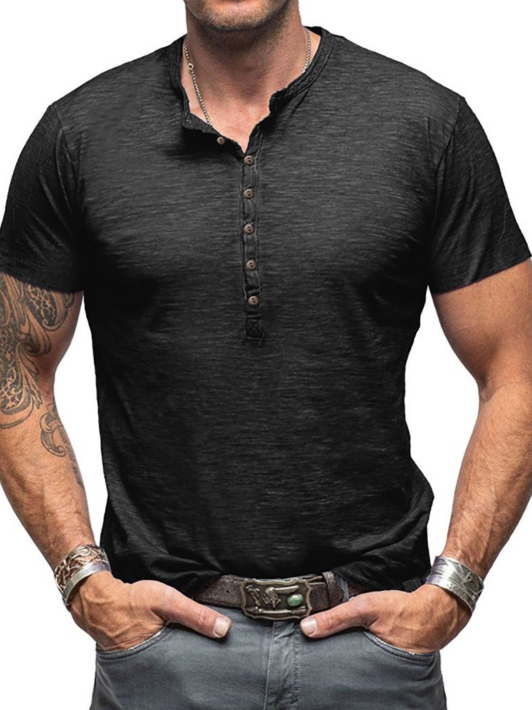 

StyleCast x Revolte Men Solid Mandarin Collar Cotton T-shirt, Black