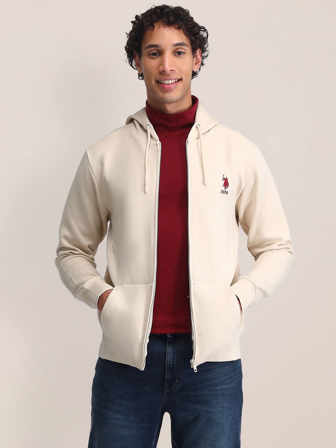 

U.S. Polo Assn. Men Hooded Front-Open Sweatshirt, Beige