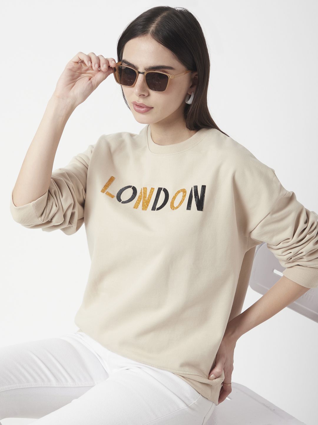 

R&B Women Typography Printed Long Sleeves Sweatshirt, Beige