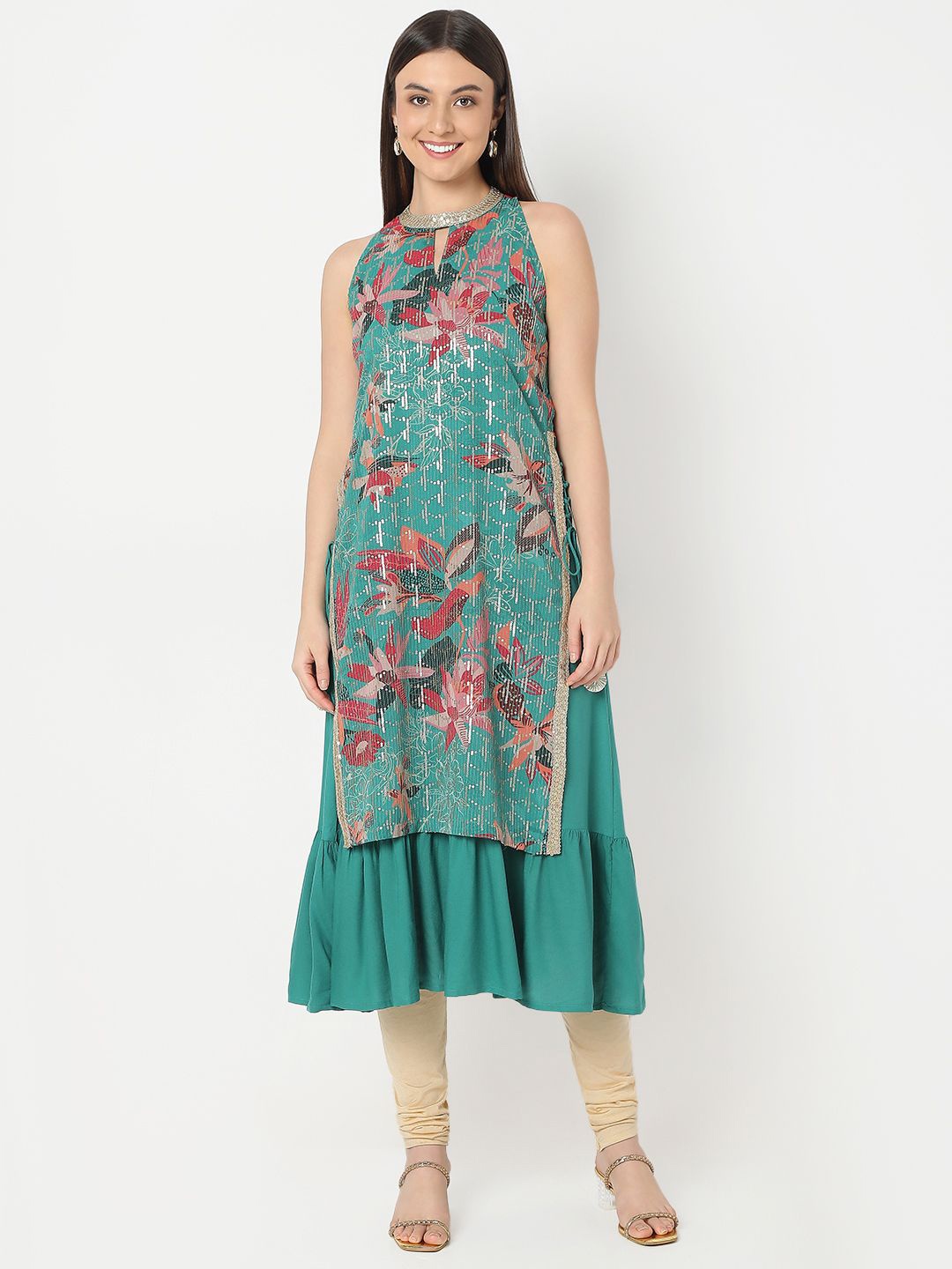 

Ethnicity Women Ethnic Motifs Embroidered Keyhole Neck Kurta, Green