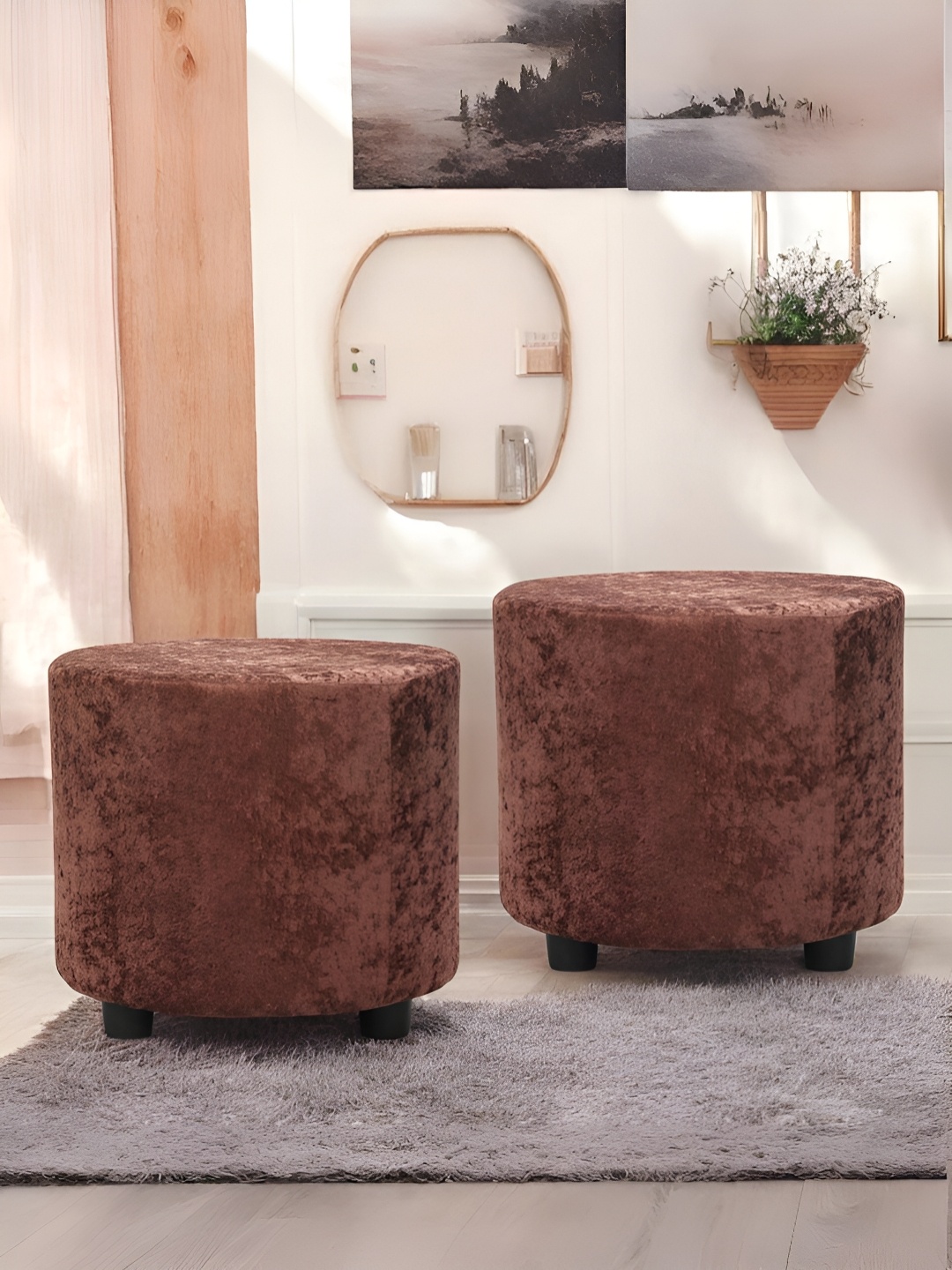 

Ikiriya 2-Pcs Brown Velvet Round Ottomans