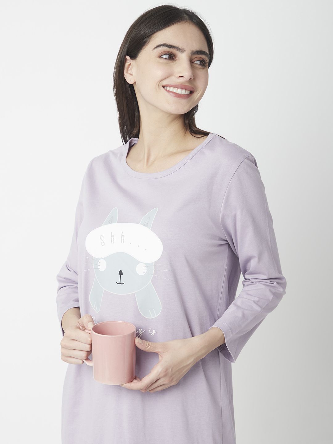

R&B Women Pure Cotton Graphic Printed Round Neck Nightdress, Lavender