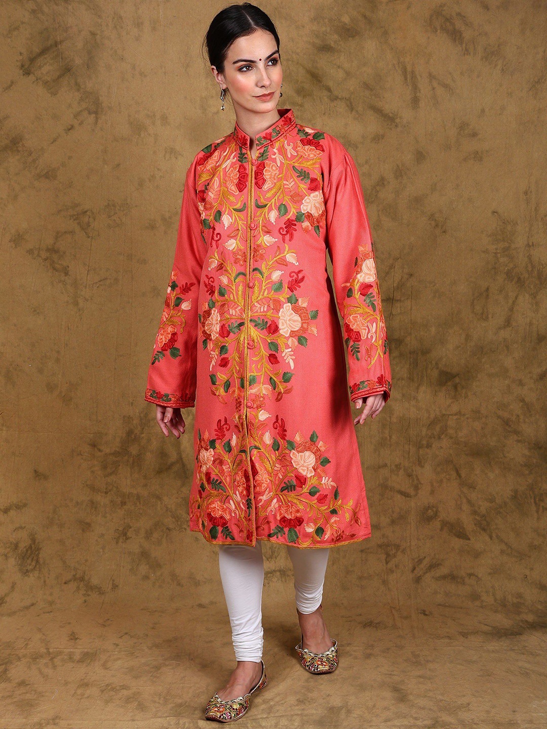 

Exotic India Women Floral Woollen Tailored Jacket with Embroidered, Pink