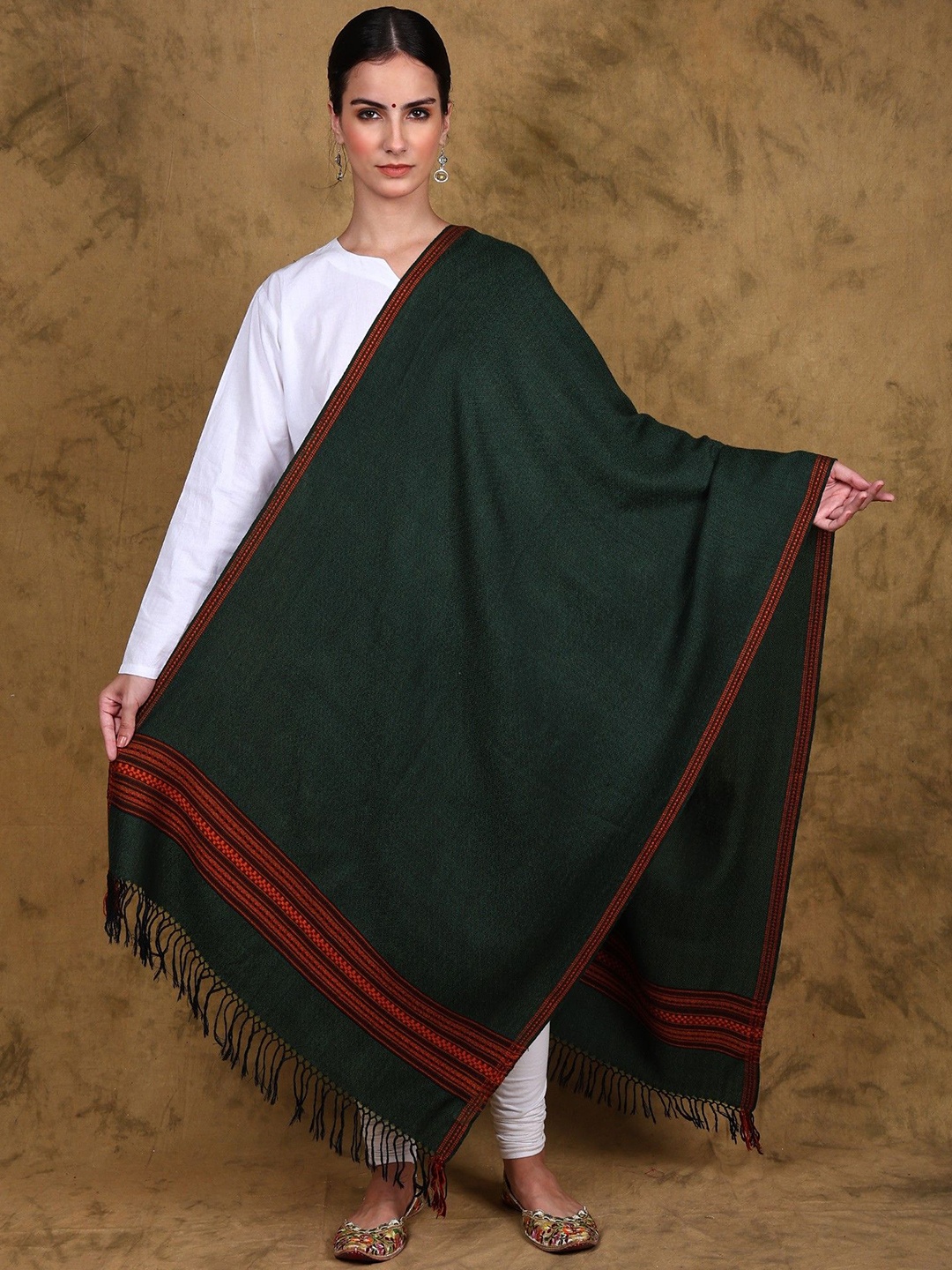 

Exotic India Handloom Wool Stole with Multicolor Woven Kinnauri Border, Green