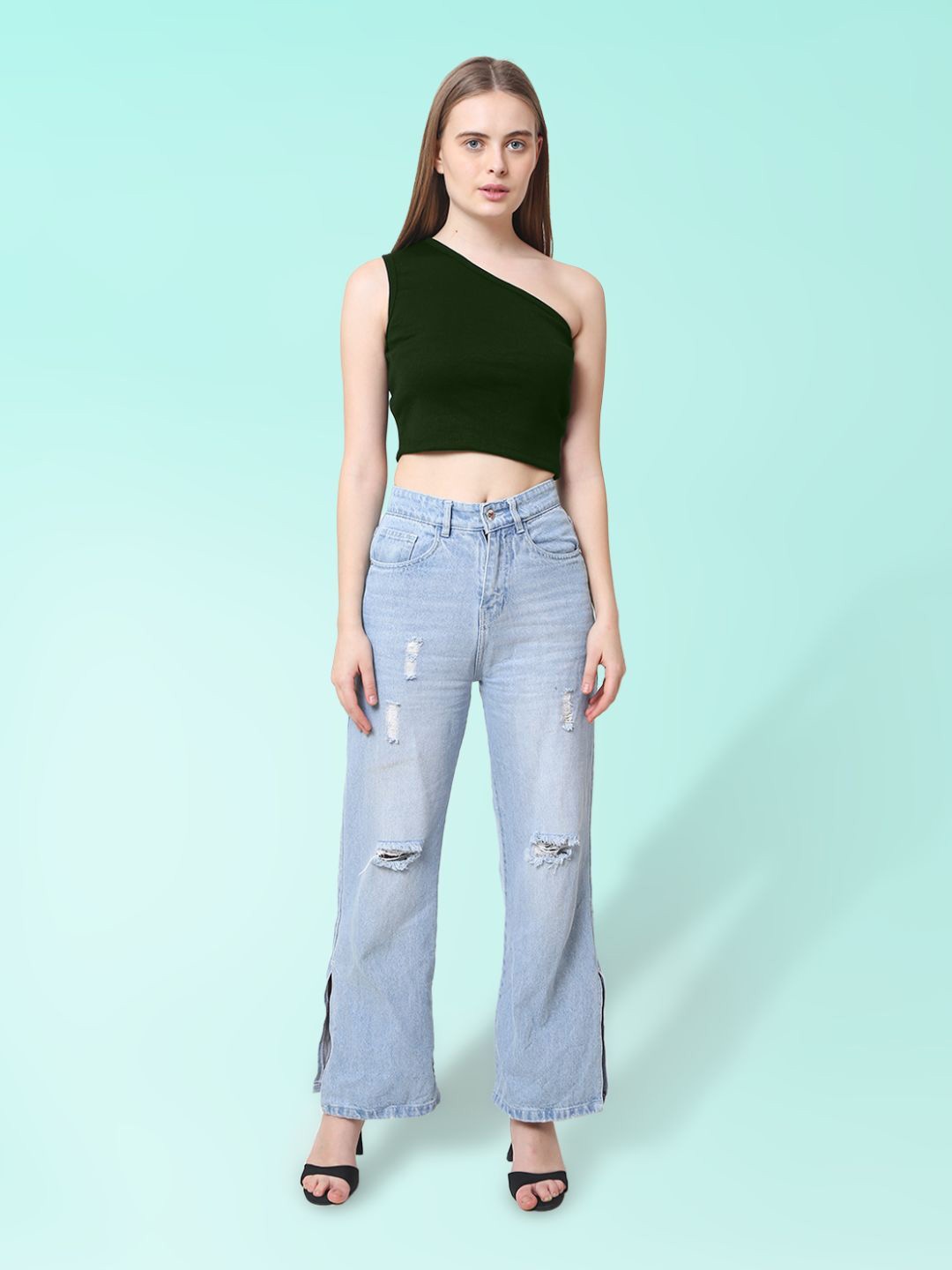 

CareDone Women One Shoulder Sleeveless Casual Crop Top, Olive