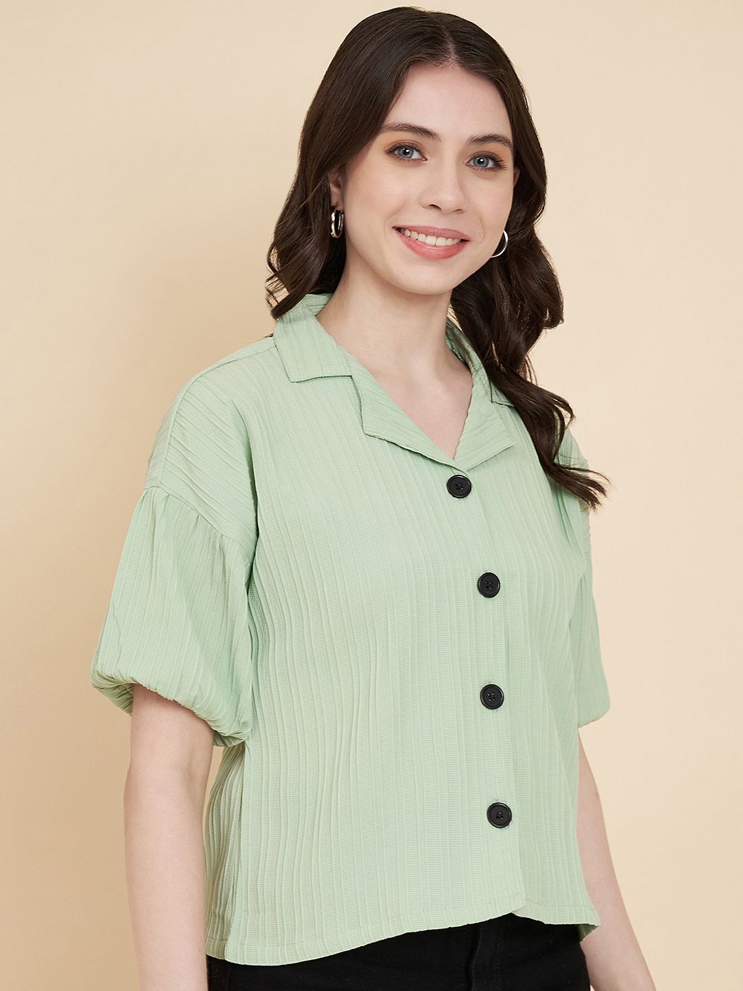 

HERE&NOW Women Classic Boxy Opaque Striped Casual Shirt, Olive