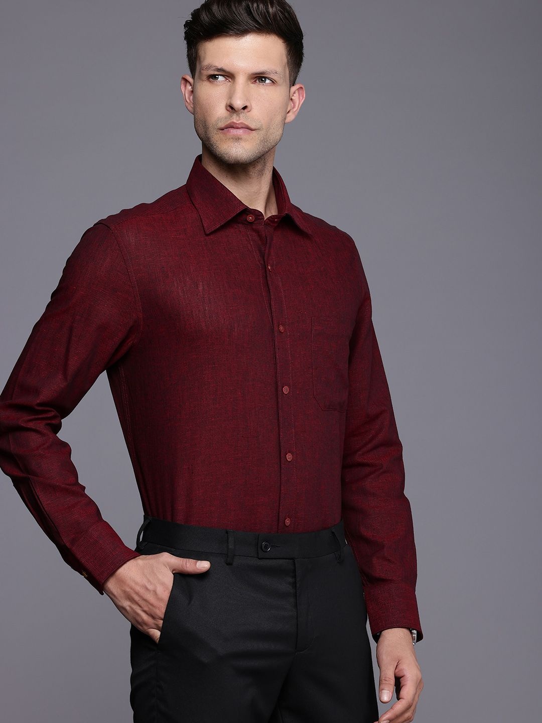 

Louis Philippe Self Design Classic Fit Cotton Linen Semiformal Shirt, Maroon