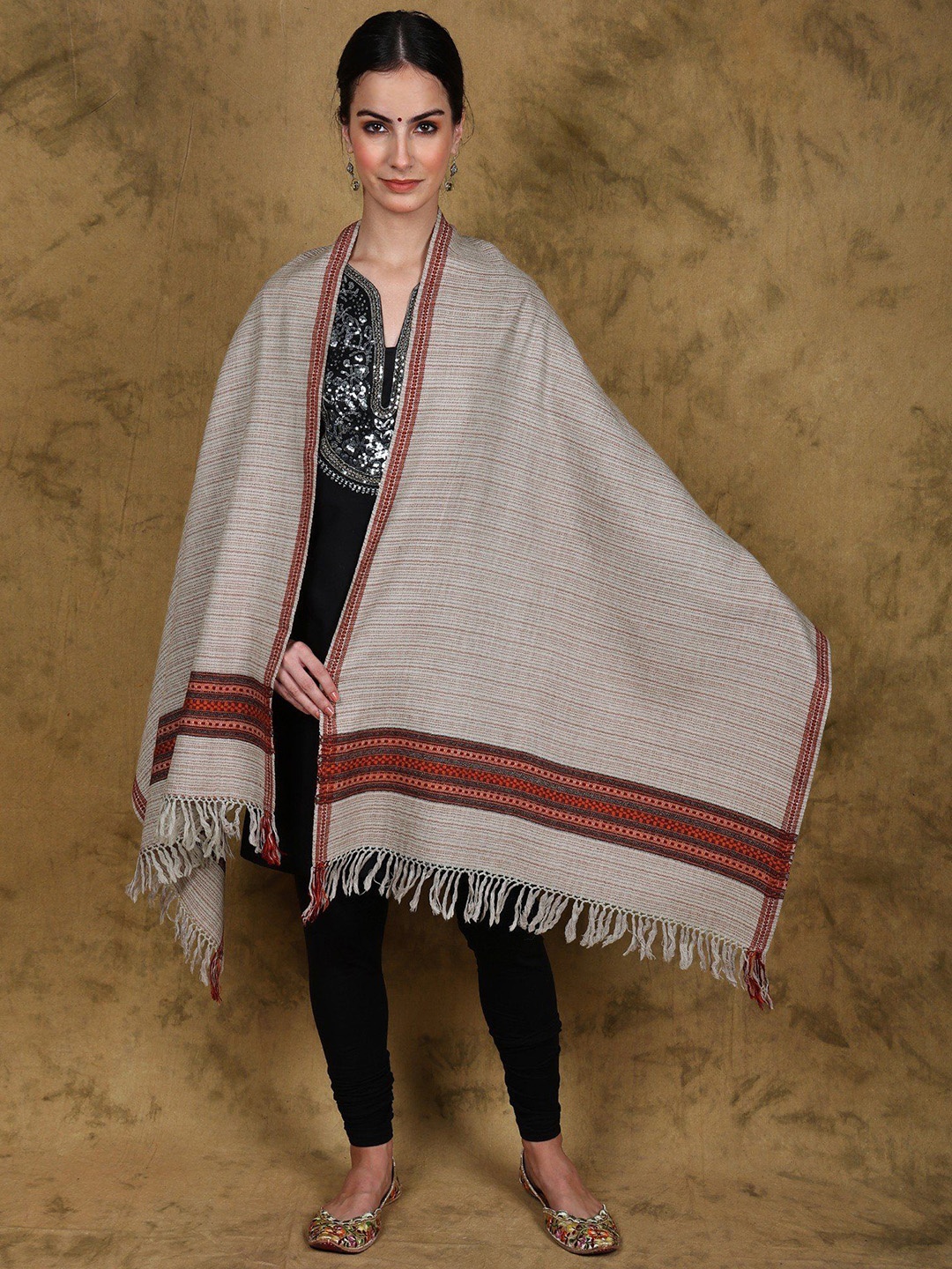 

Exotic India Wool Kullu Stole with Woven Kinnauri Border and Stripe Pattern, Grey