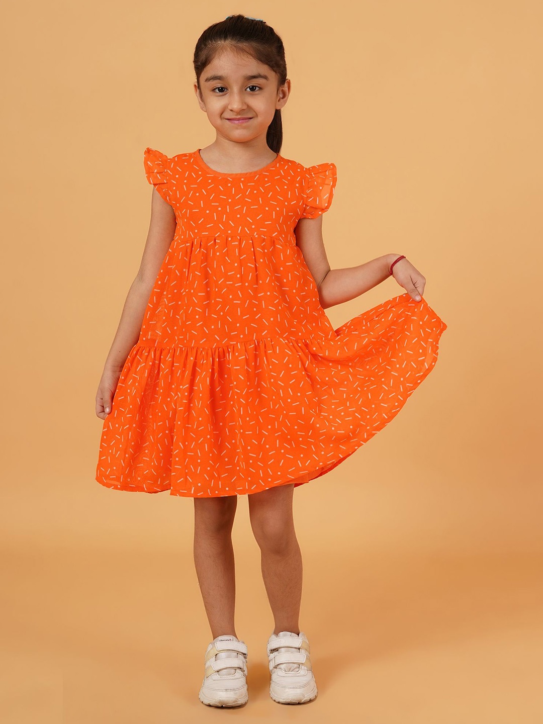 

HERE&NOW Polka Dot Print Flutter Sleeve Fit & Flare Dress, Orange