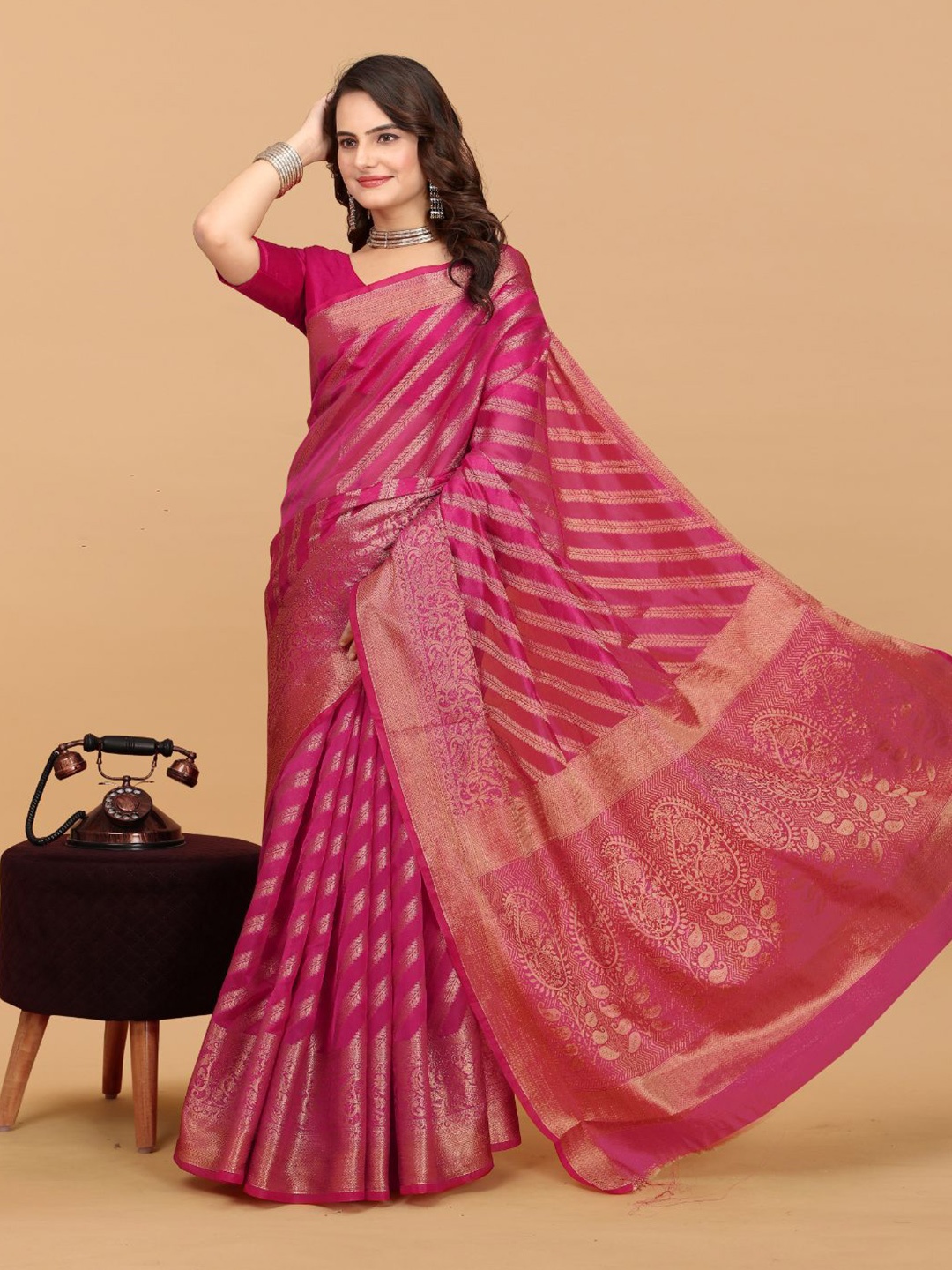 

Areca Designer Woven Design Zari Organza Banarasi Saree, Pink