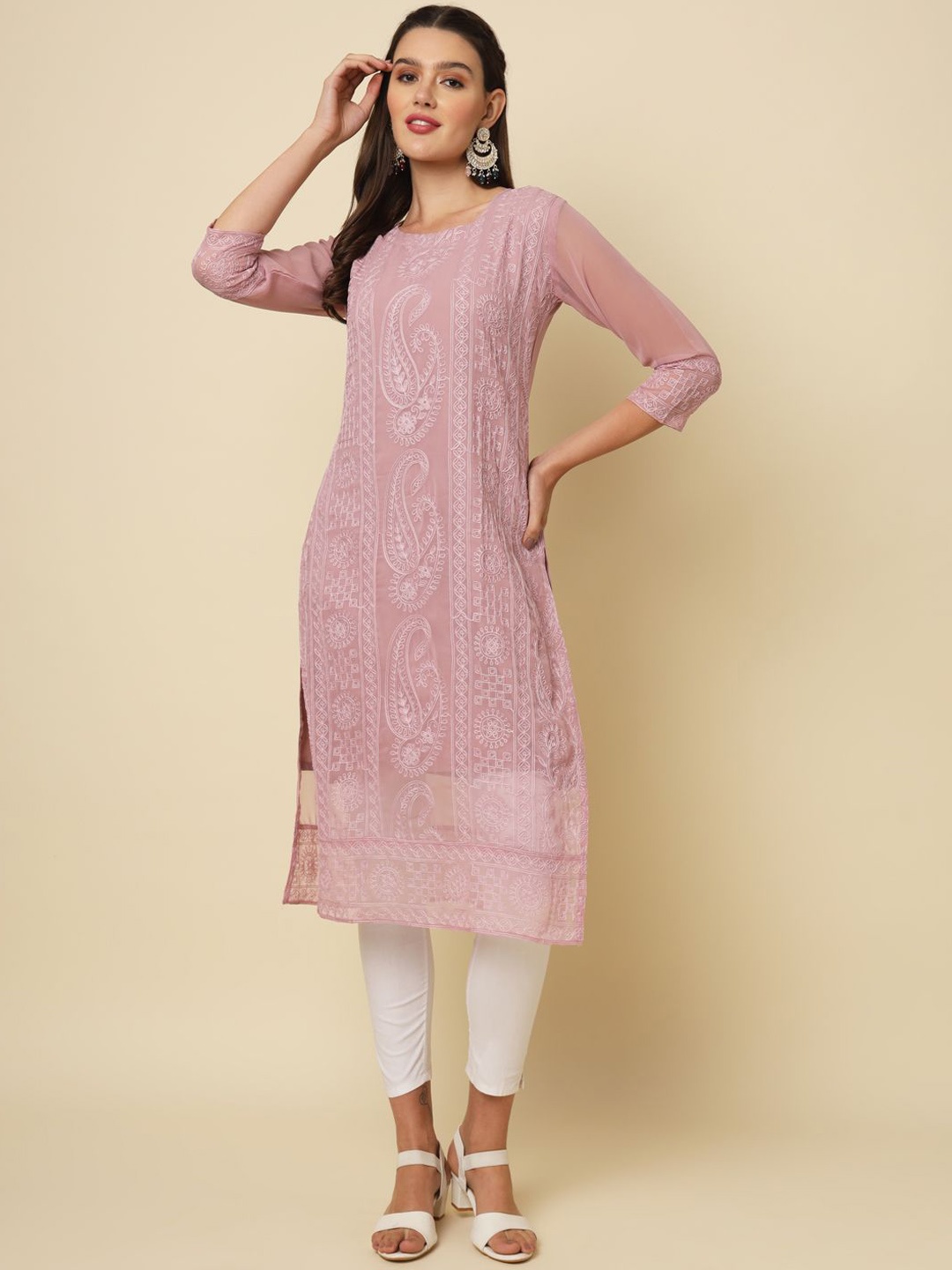 

HERE&NOW Women Floral Embroidered Thread Work Georgette Kurta, Mauve