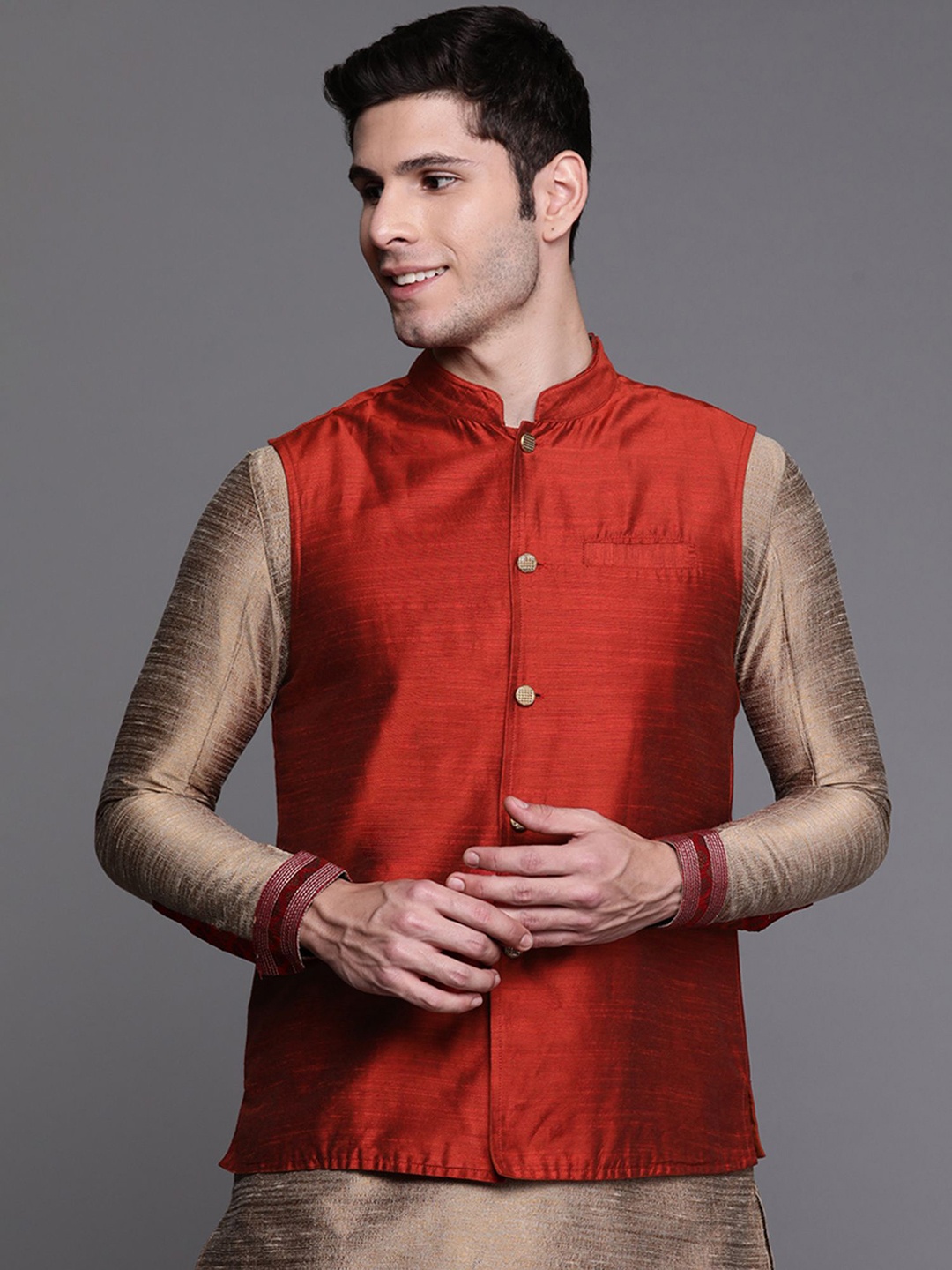 

Anouk Mandarin Collar Satin Nehru Jacket, Orange